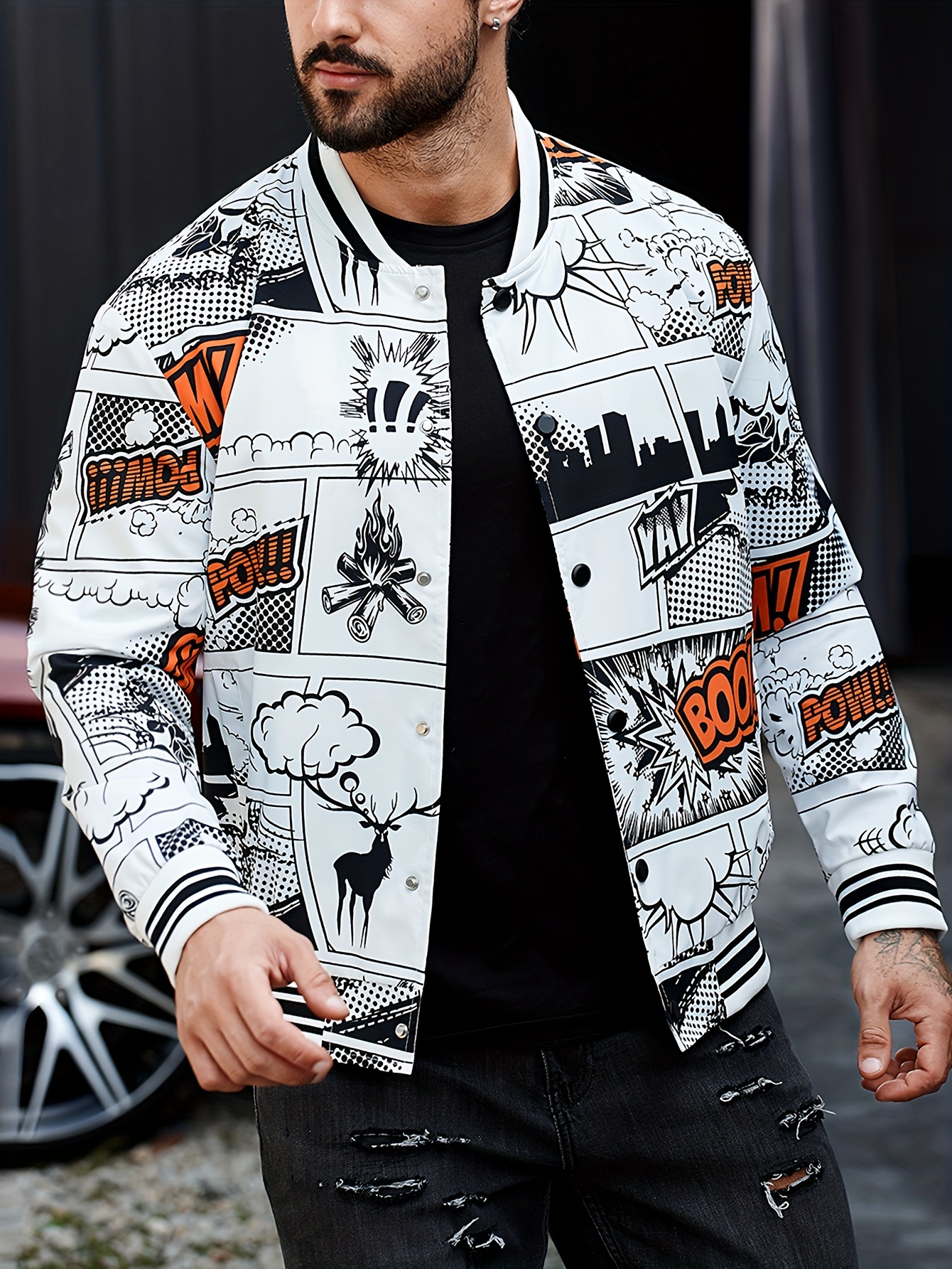 plus size mens caricature pattern print baseball jacket funny band collar jacket for fall winter mens clothing details 10