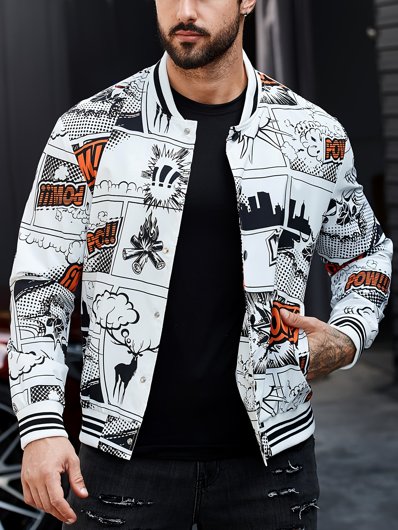 plus size mens caricature pattern print baseball jacket funny band collar jacket for fall winter mens clothing details 11