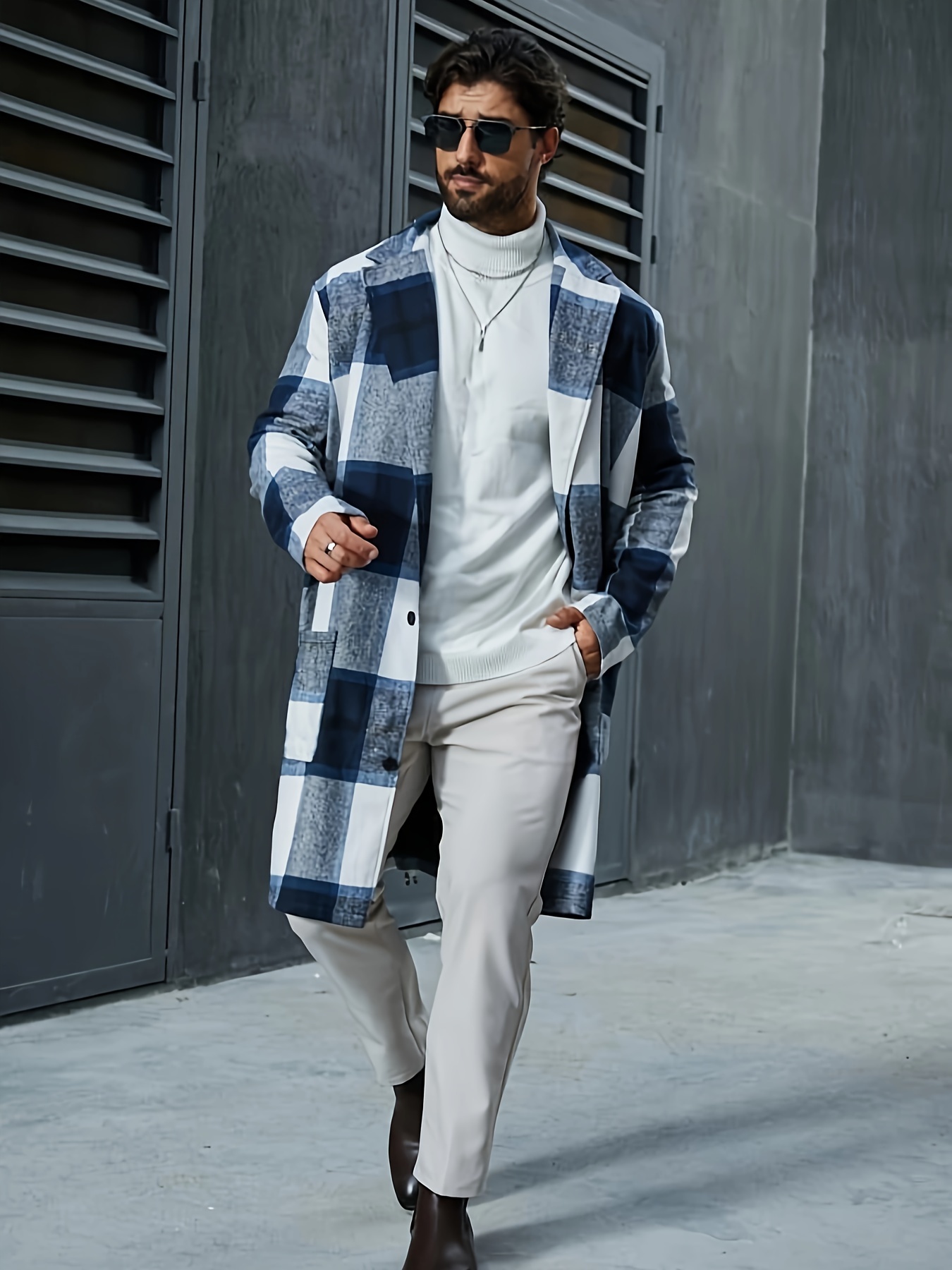 plus size mens plaid graphic print coat fashion casual midi jacket for fall winter mens clothing details 0