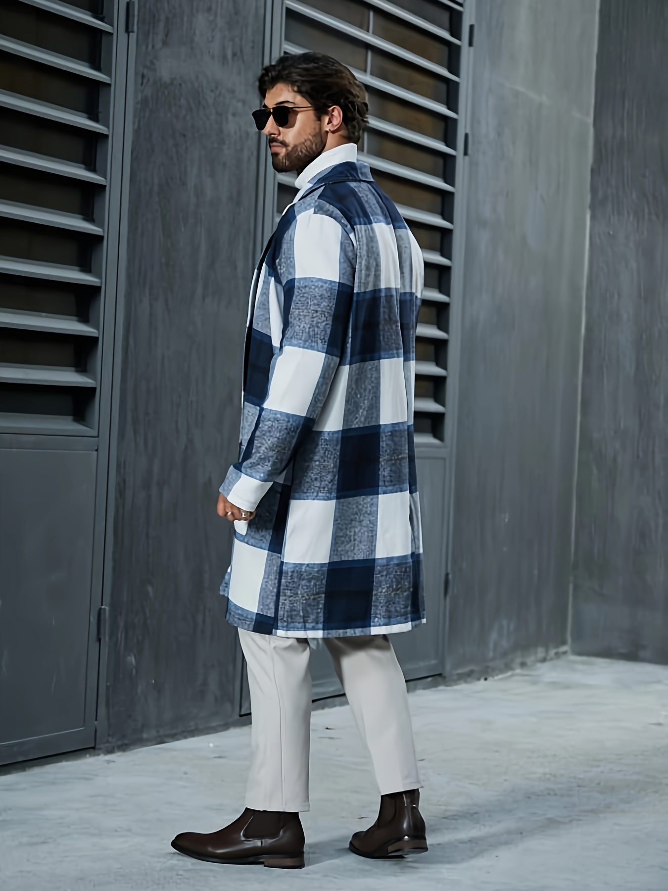 plus size mens plaid graphic print coat fashion casual midi jacket for fall winter mens clothing details 2