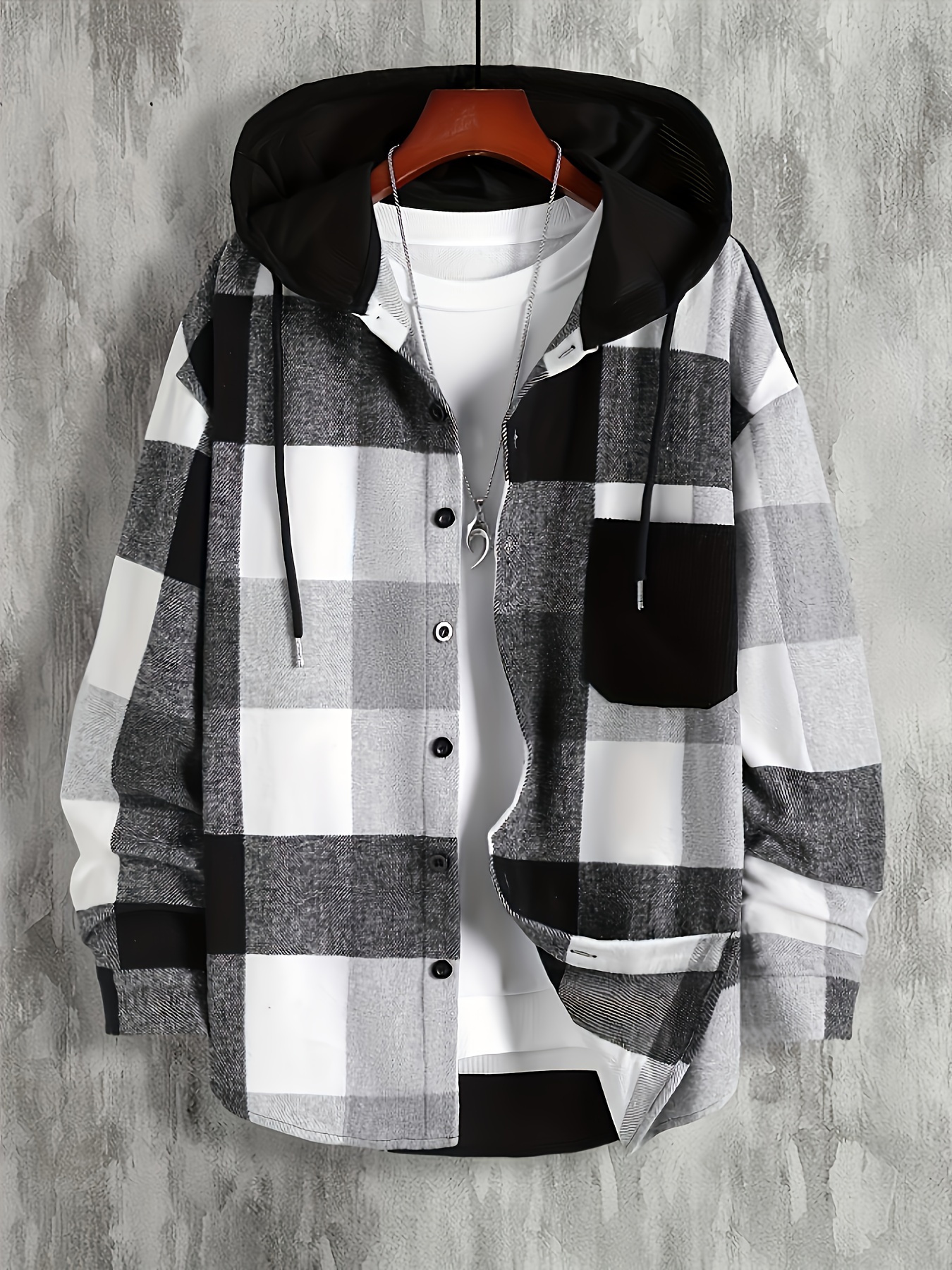 plus size mens plaid hooded jacket for fall winter mens clothing details 1