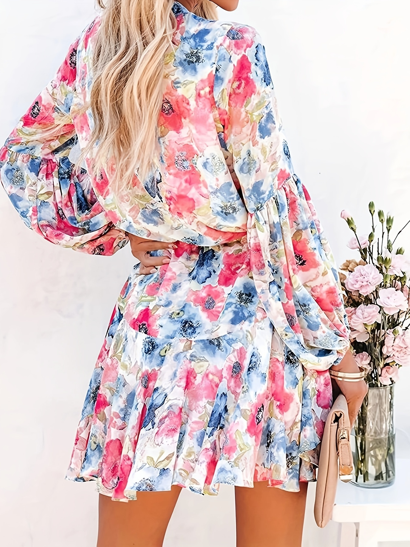 womens spring summer boho long sleeve flowy dresses floral button down lantern sleeve tie waist ruffle swing mini dress details 0