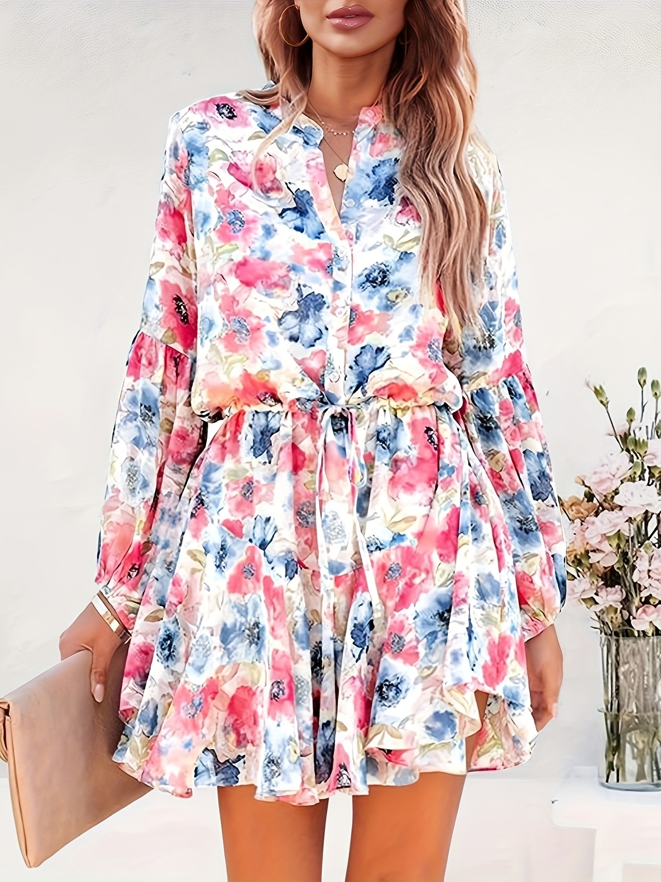 womens spring summer boho long sleeve flowy dresses floral button down lantern sleeve tie waist ruffle swing mini dress details 1