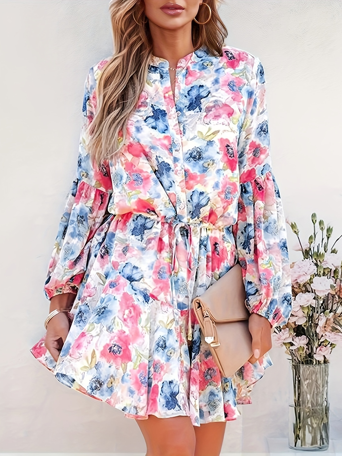 womens spring summer boho long sleeve flowy dresses floral button down lantern sleeve tie waist ruffle swing mini dress details 2