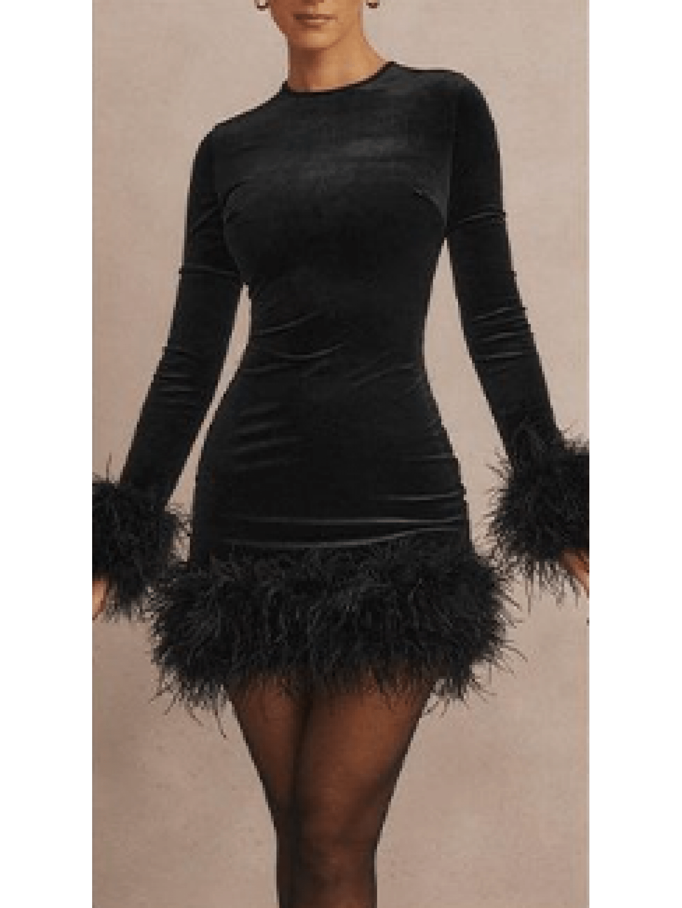 women bodycon dress long sleeve crew neck feather   slim fit mini dress for cocktail party details 13