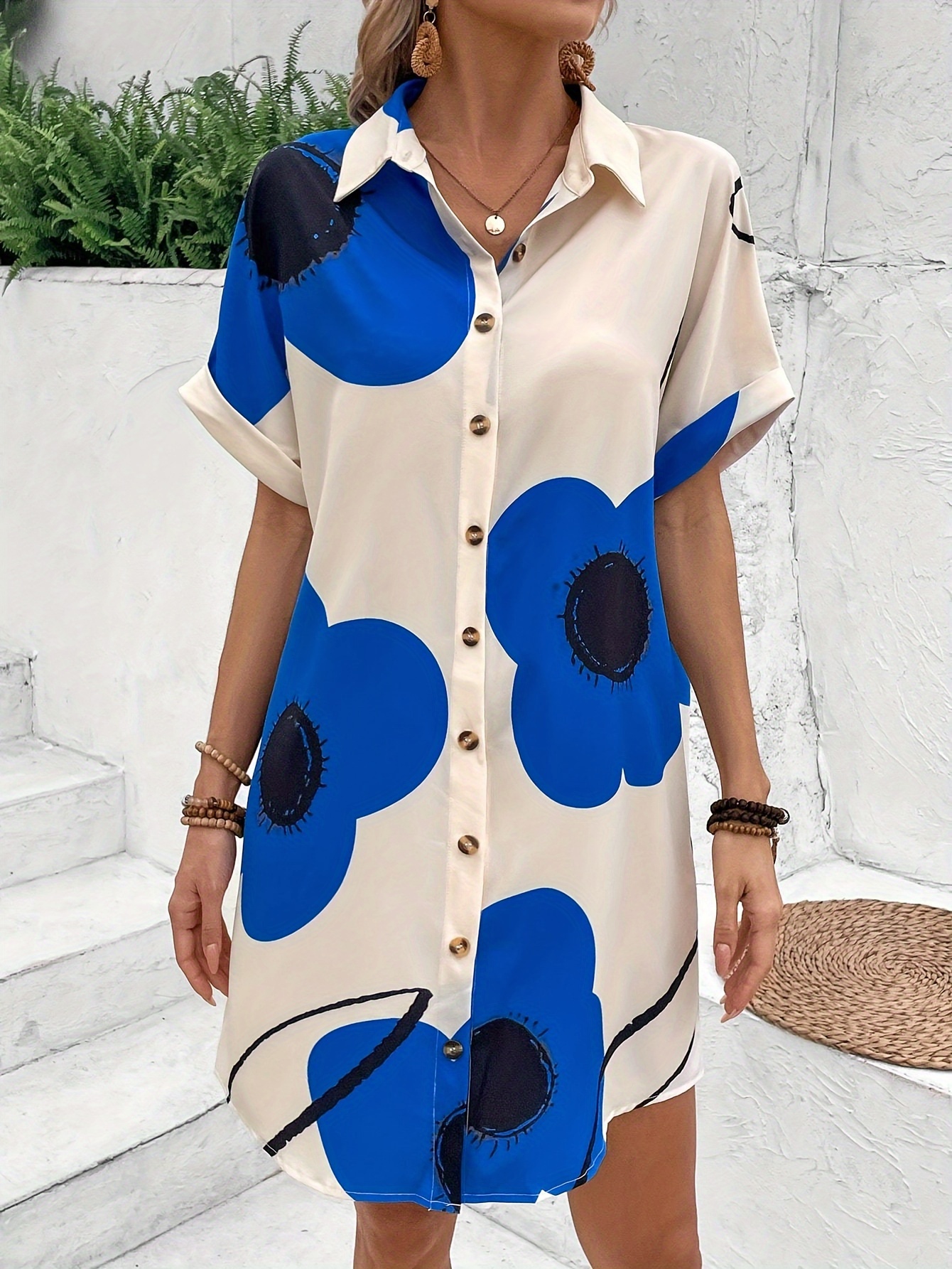 floral print button front shirt ress elegant short sleeve loose fit dress for spring summer womens clothing details 3