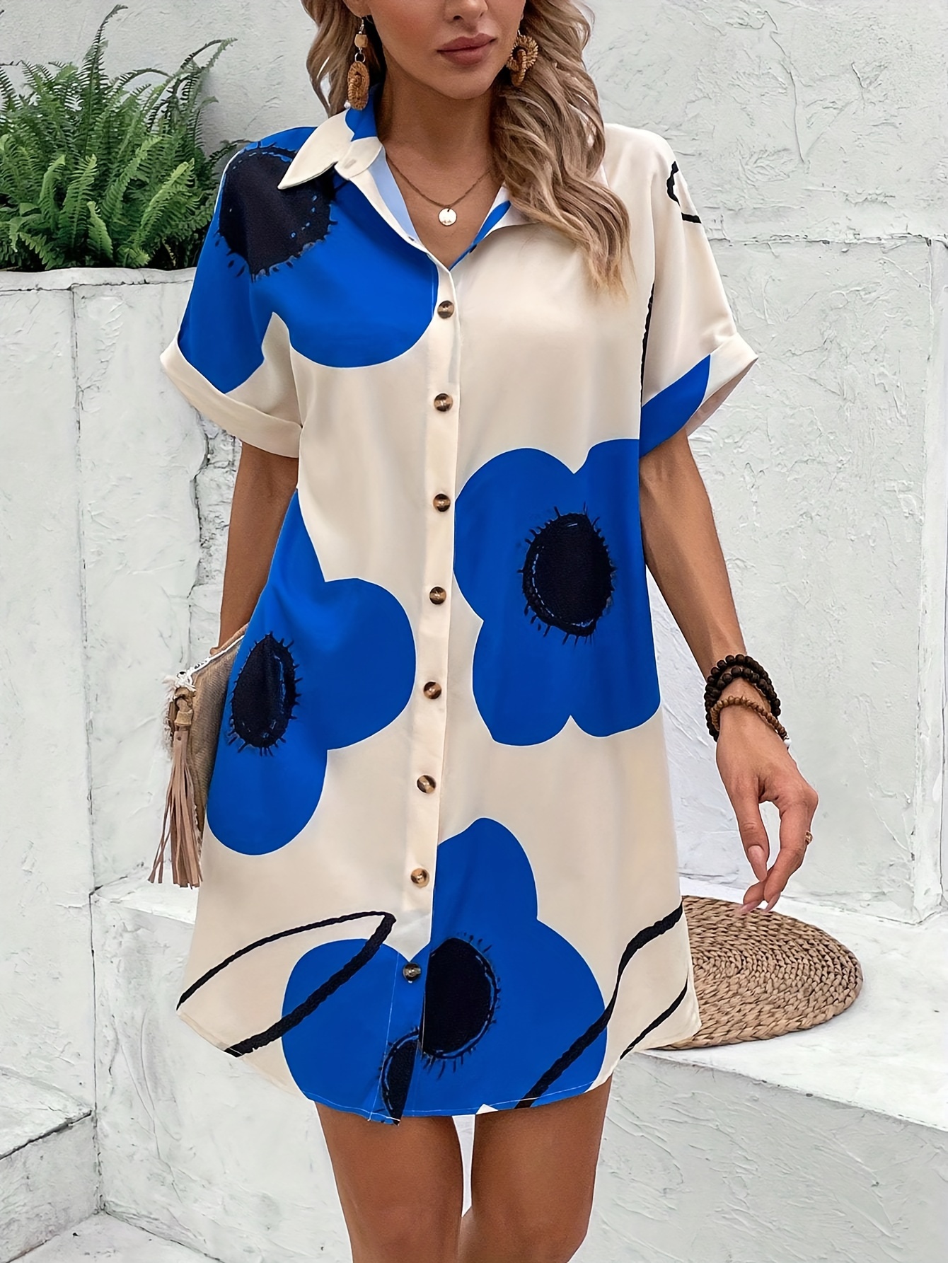 floral print button front shirt ress elegant short sleeve loose fit dress for spring summer womens clothing details 4