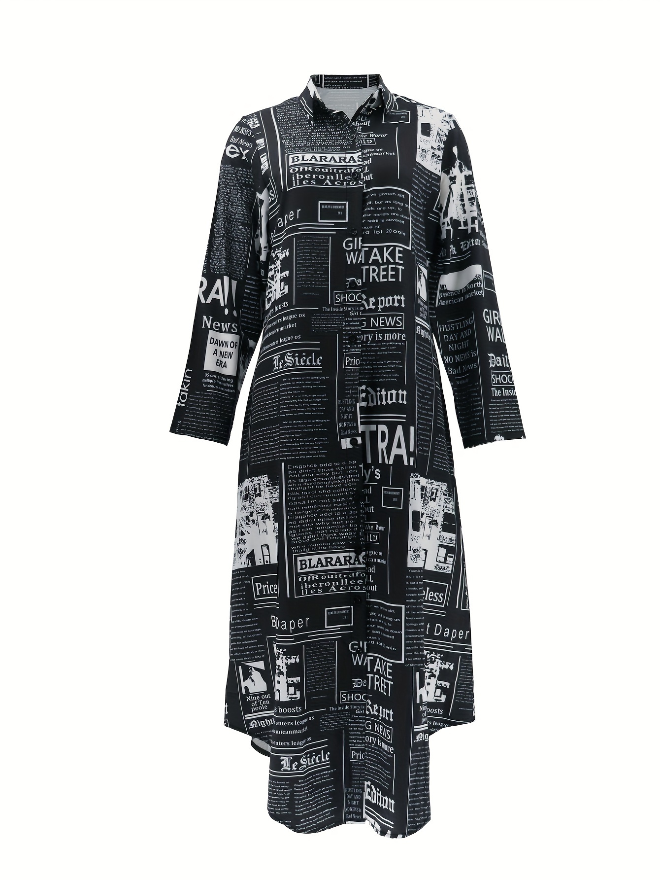 newspaper print shirt dress casual button front long sleeve dress womens clothing details 4