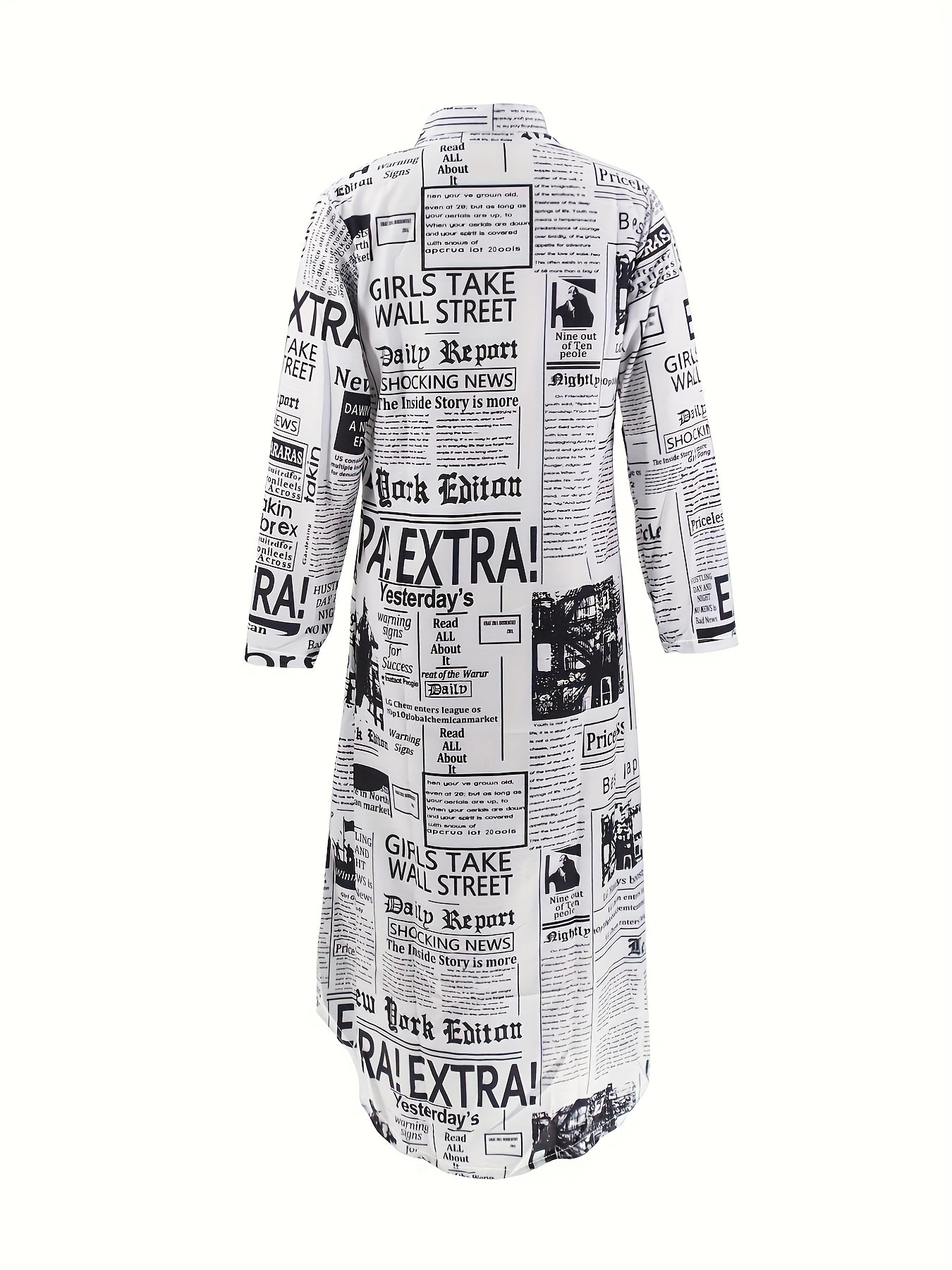 newspaper print shirt dress casual button front long sleeve dress womens clothing details 6