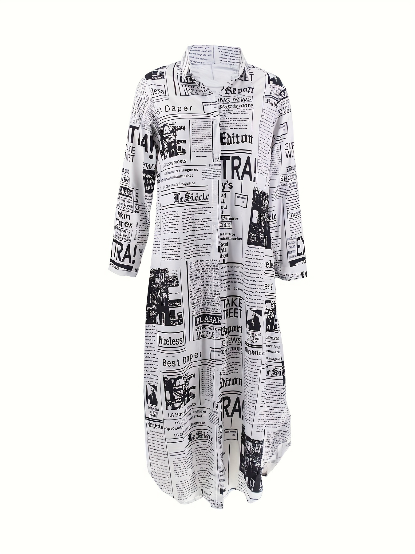 newspaper print shirt dress casual button front long sleeve dress womens clothing details 10