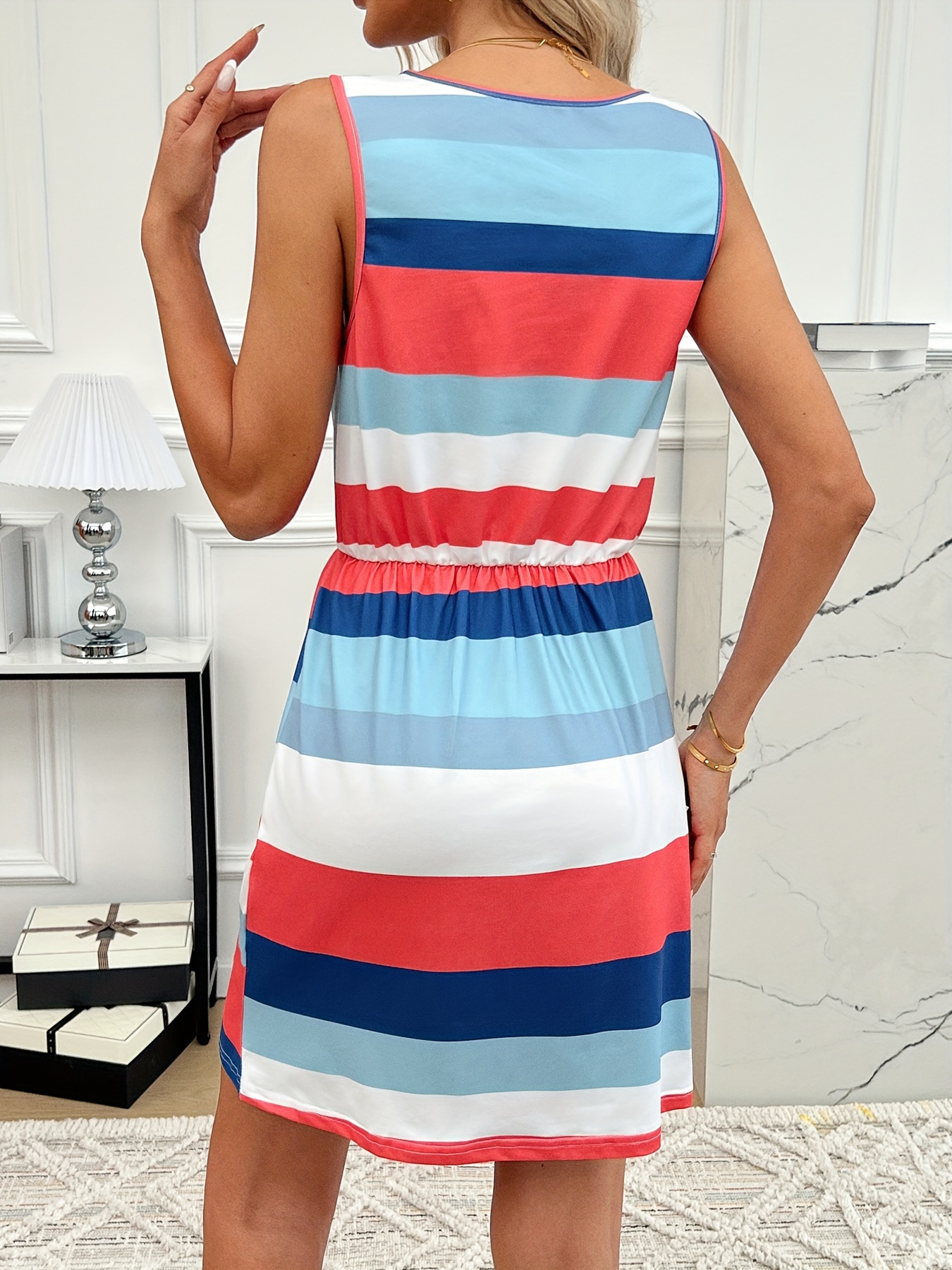 striped print tie waist tank dress vacation sleeveless crew neck dress womens clothing details 4