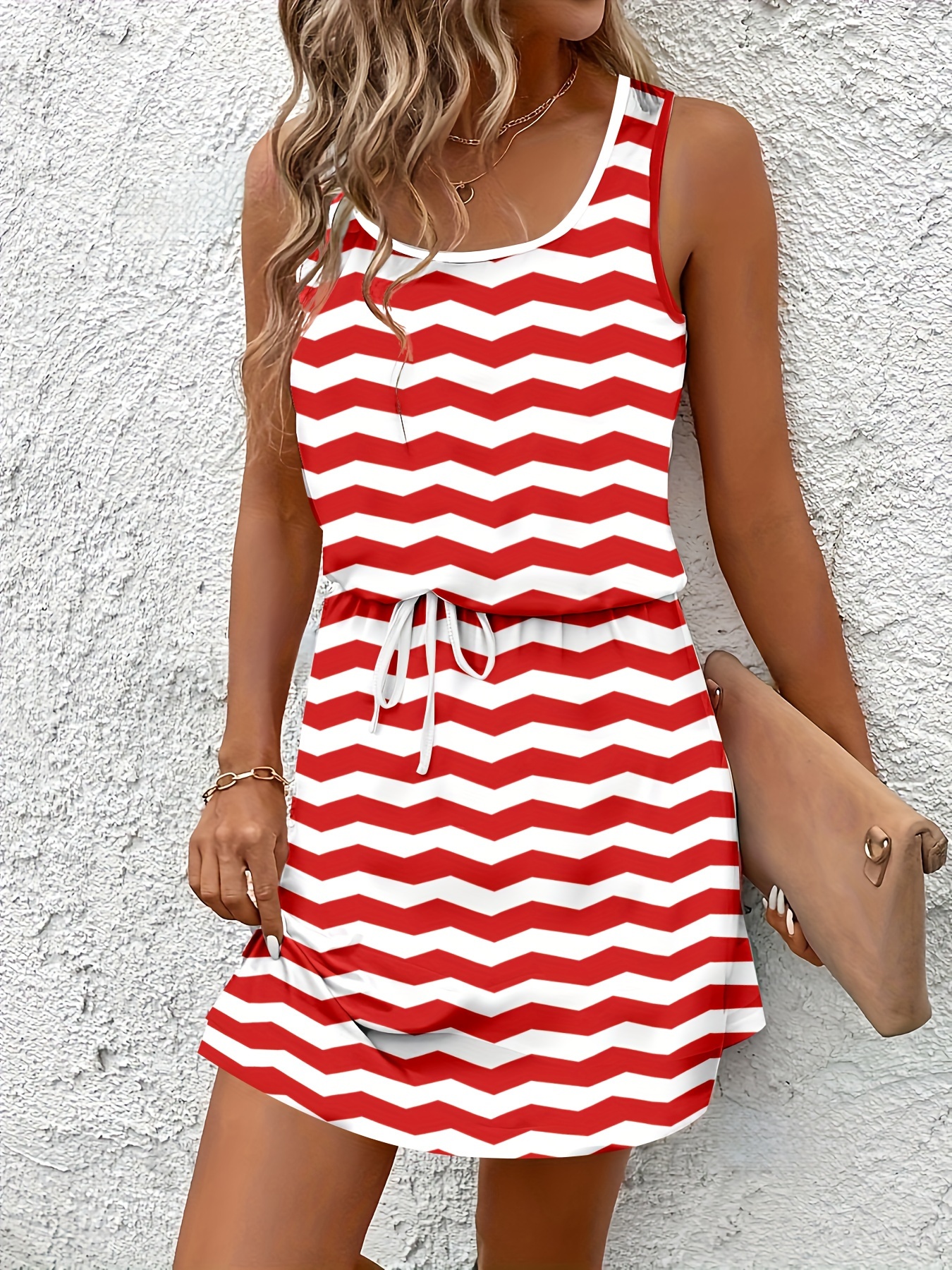 striped print tie waist tank dress vacation sleeveless crew neck dress womens clothing details 7