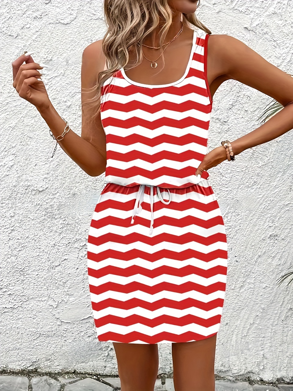 striped print tie waist tank dress vacation sleeveless crew neck dress womens clothing details 16