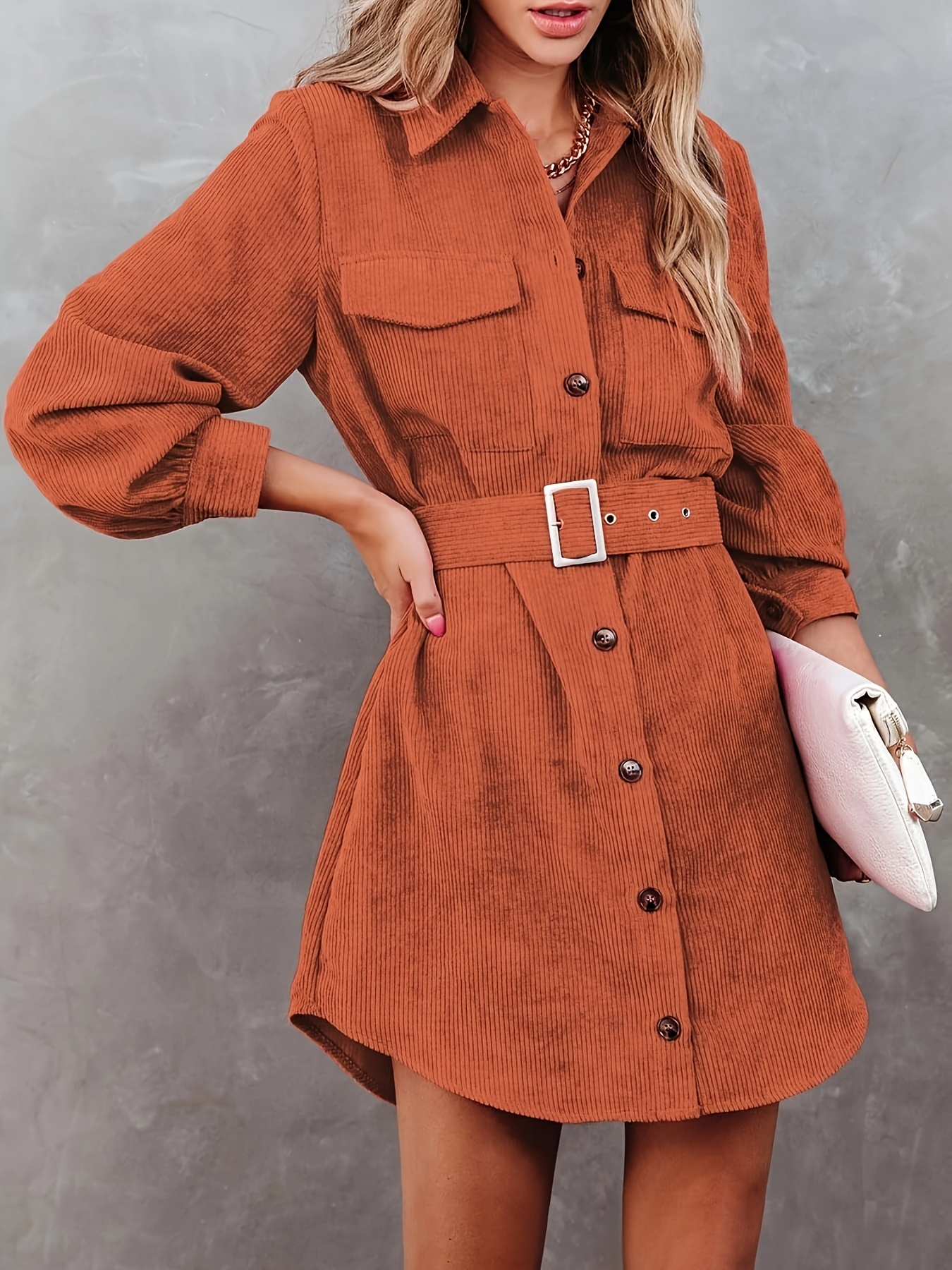 womens corduroy dress shacket jacket shirts lapel long sleeve belted casual spring fall button down dress pocket details 0