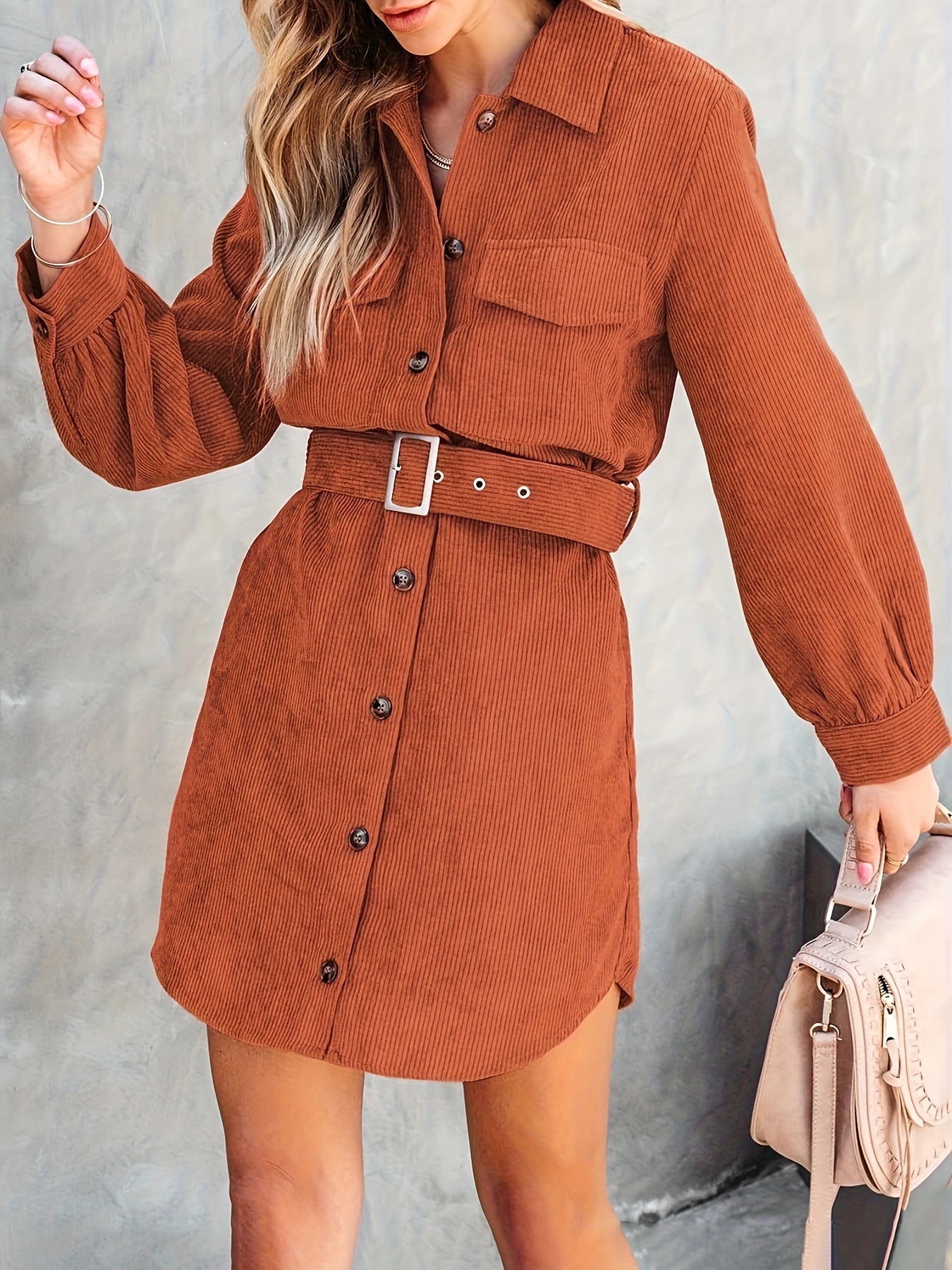 womens corduroy dress shacket jacket shirts lapel long sleeve belted casual spring fall button down dress pocket details 2