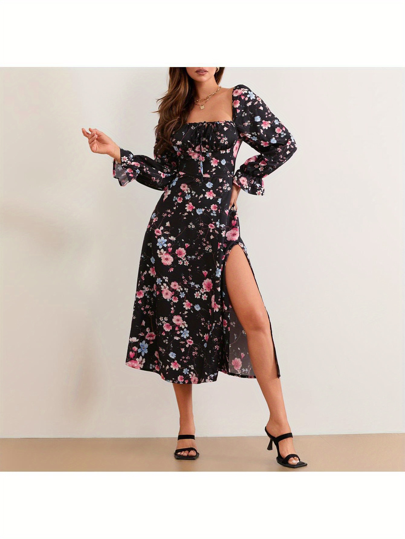 women long dress long sleeve square neck tie up floral dress   dress fall swing dress details 0