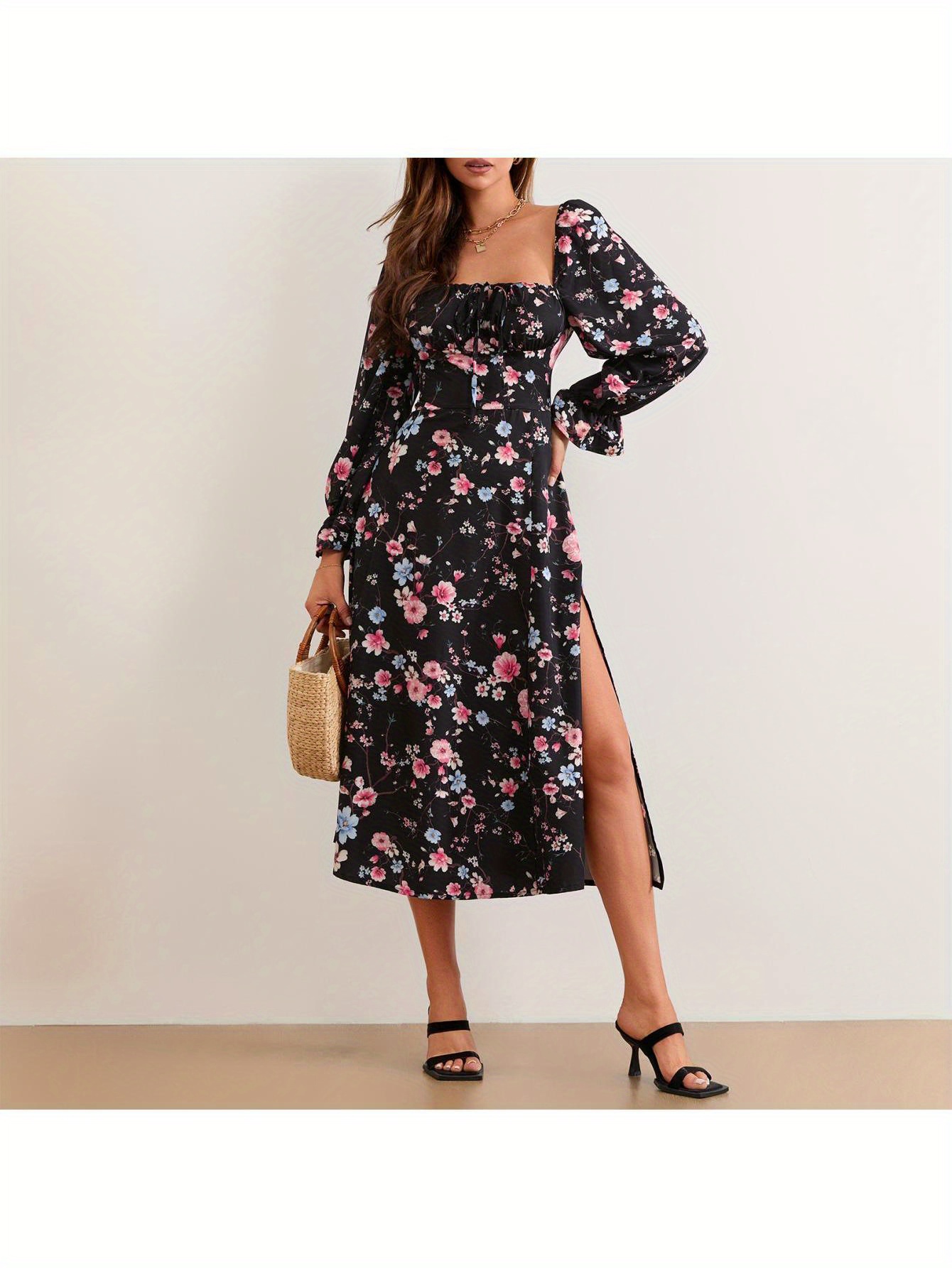 women long dress long sleeve square neck tie up floral dress   dress fall swing dress details 1