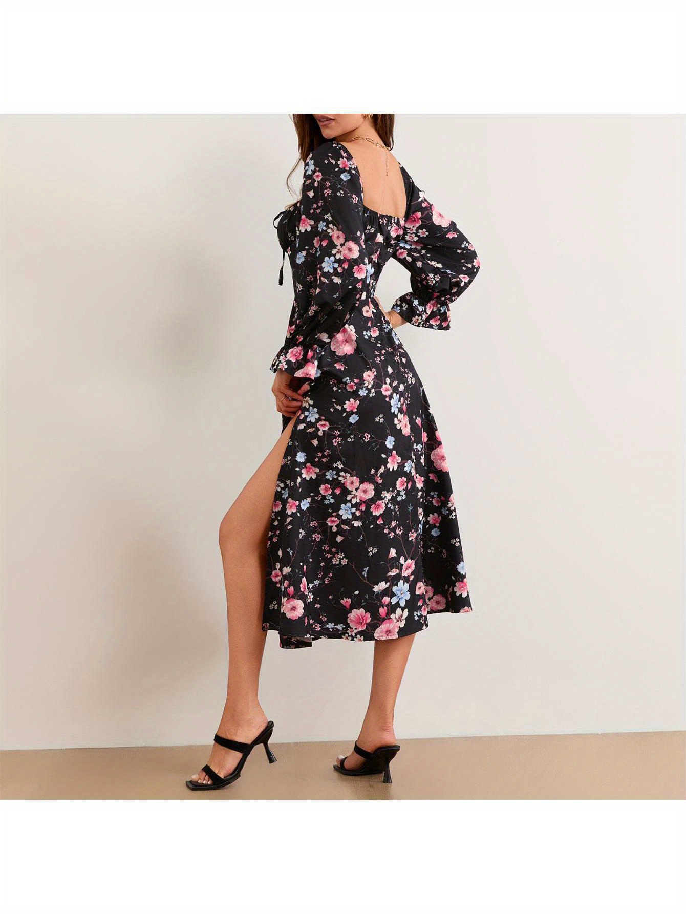 women long dress long sleeve square neck tie up floral dress   dress fall swing dress details 2