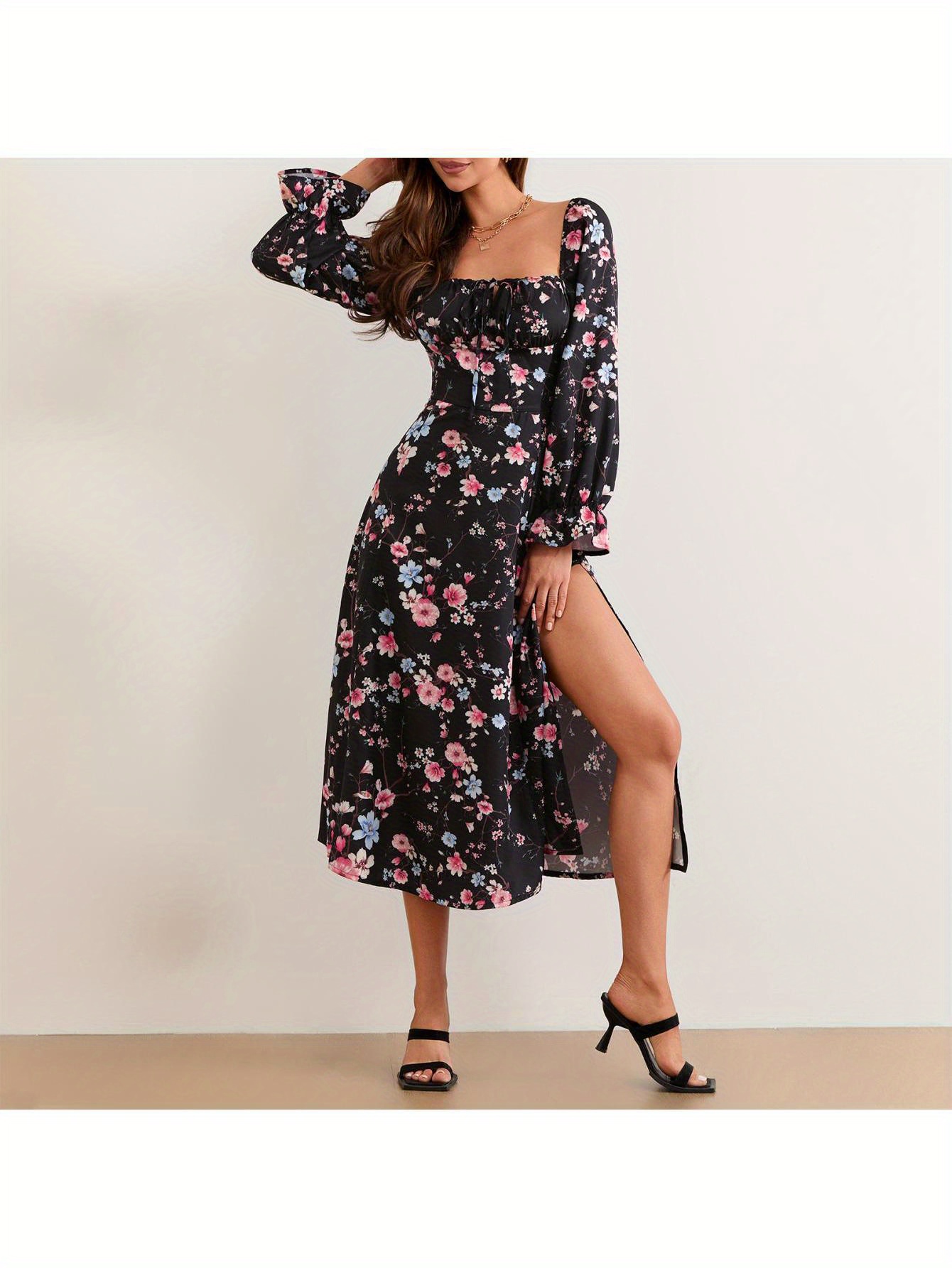 women long dress long sleeve square neck tie up floral dress   dress fall swing dress details 3