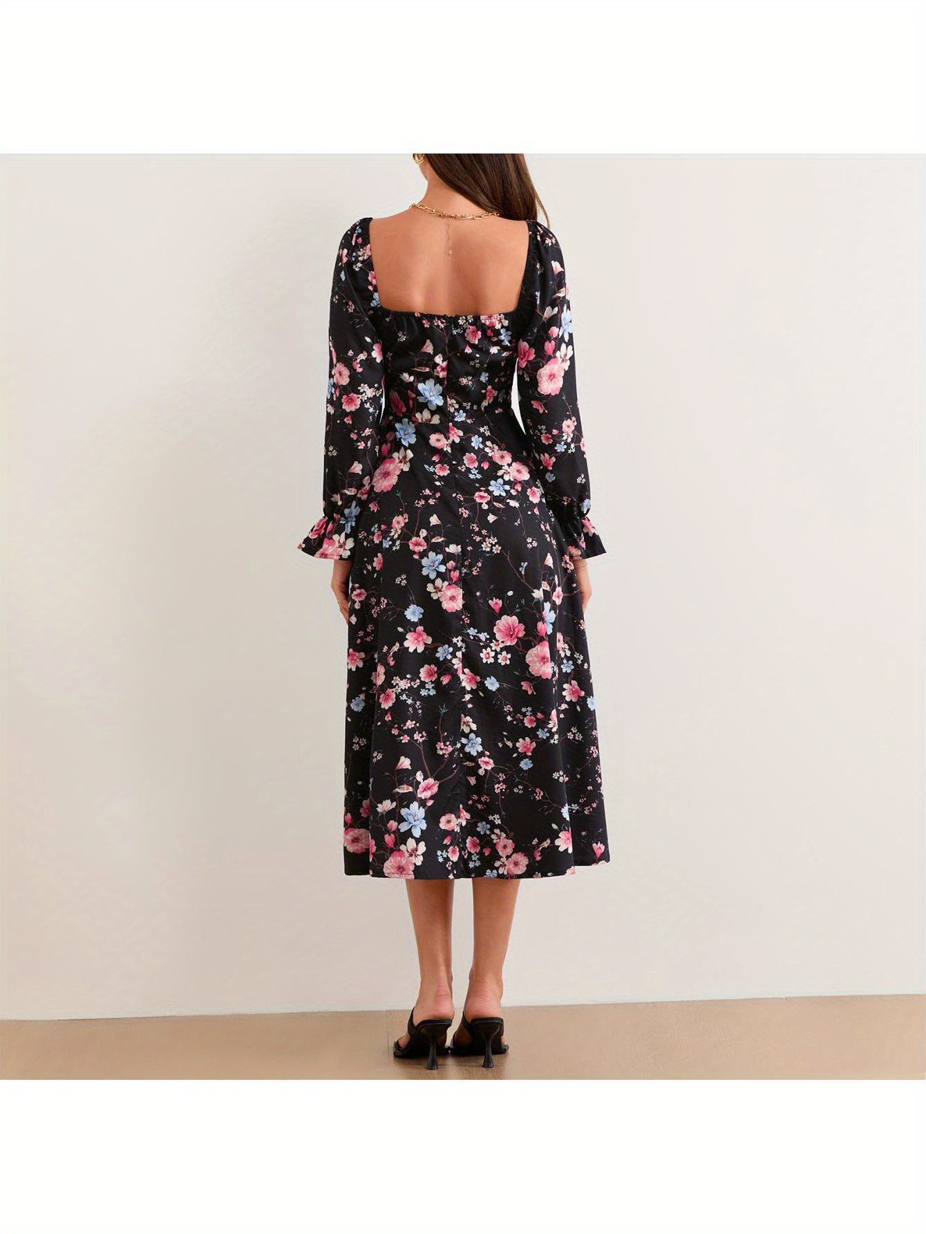 women long dress long sleeve square neck tie up floral dress   dress fall swing dress details 5