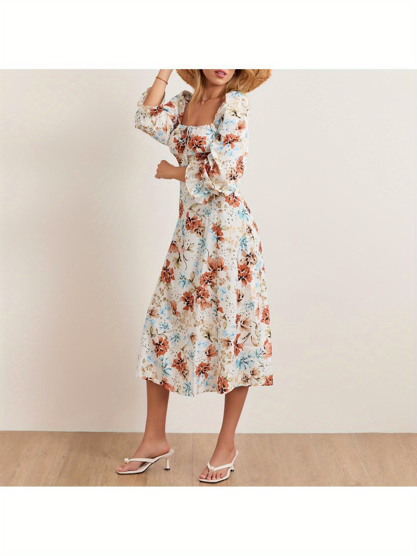 women long dress long sleeve square neck tie up floral dress   dress fall swing dress details 7