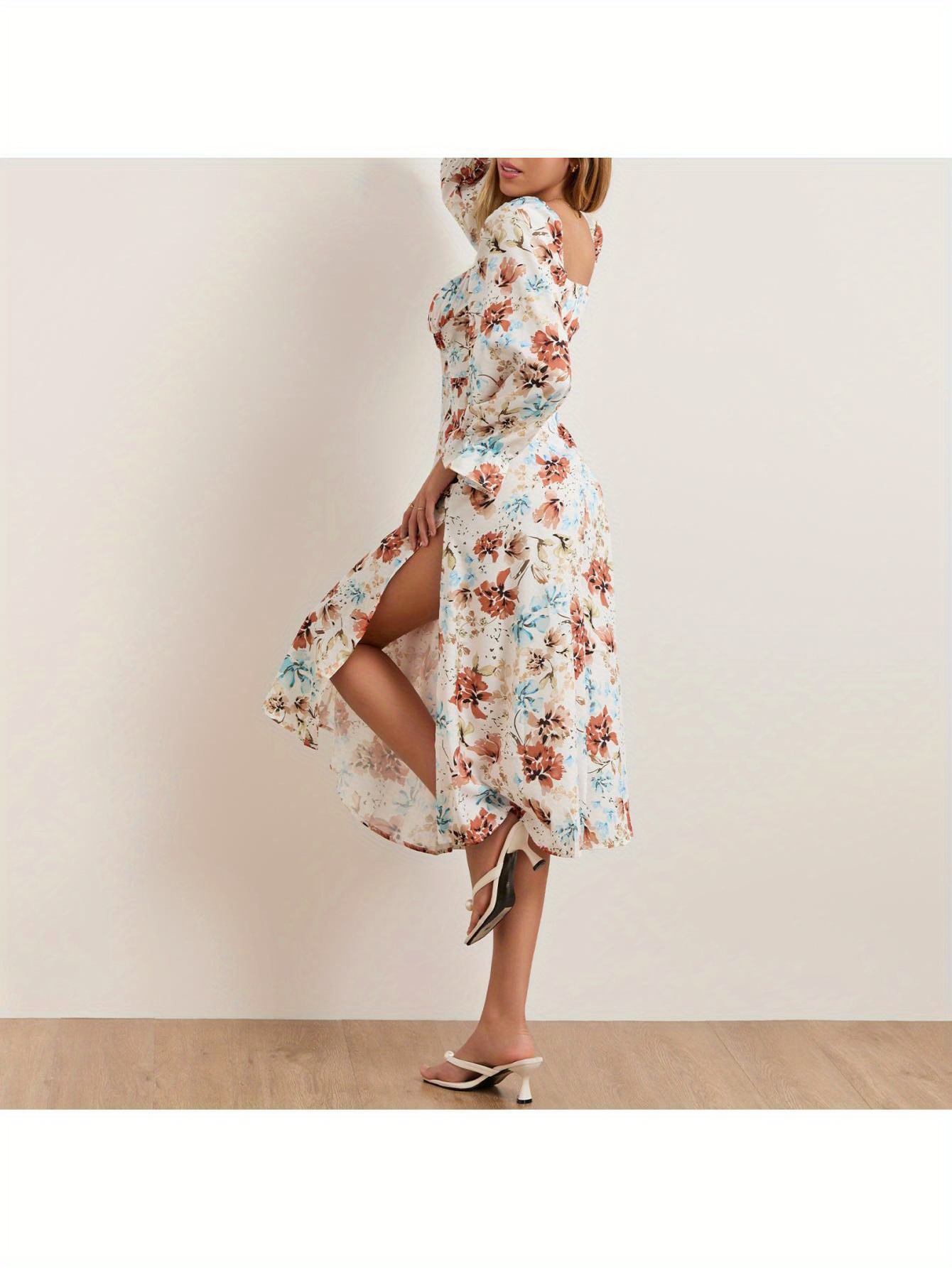 women long dress long sleeve square neck tie up floral dress   dress fall swing dress details 9