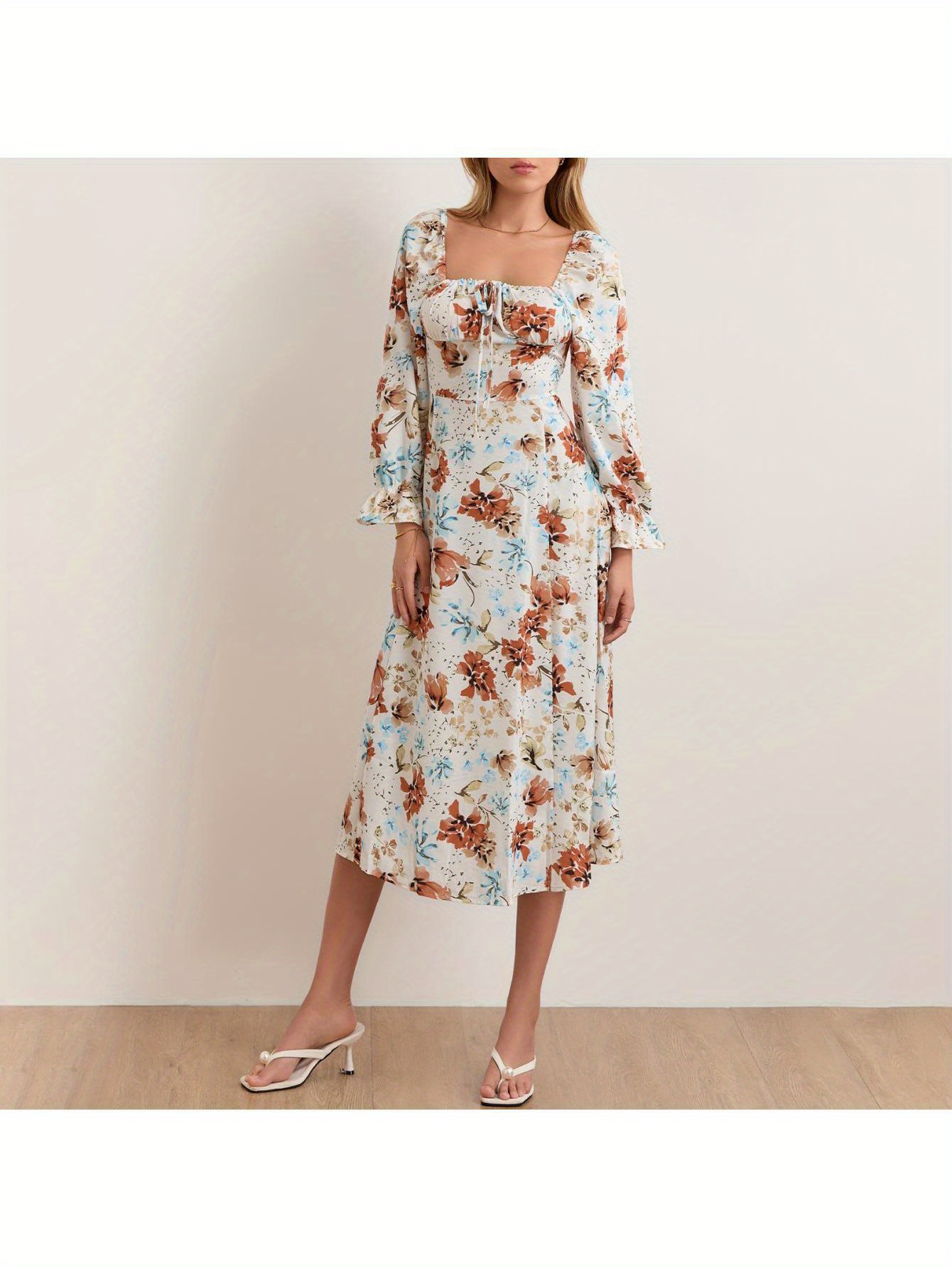 women long dress long sleeve square neck tie up floral dress   dress fall swing dress details 10