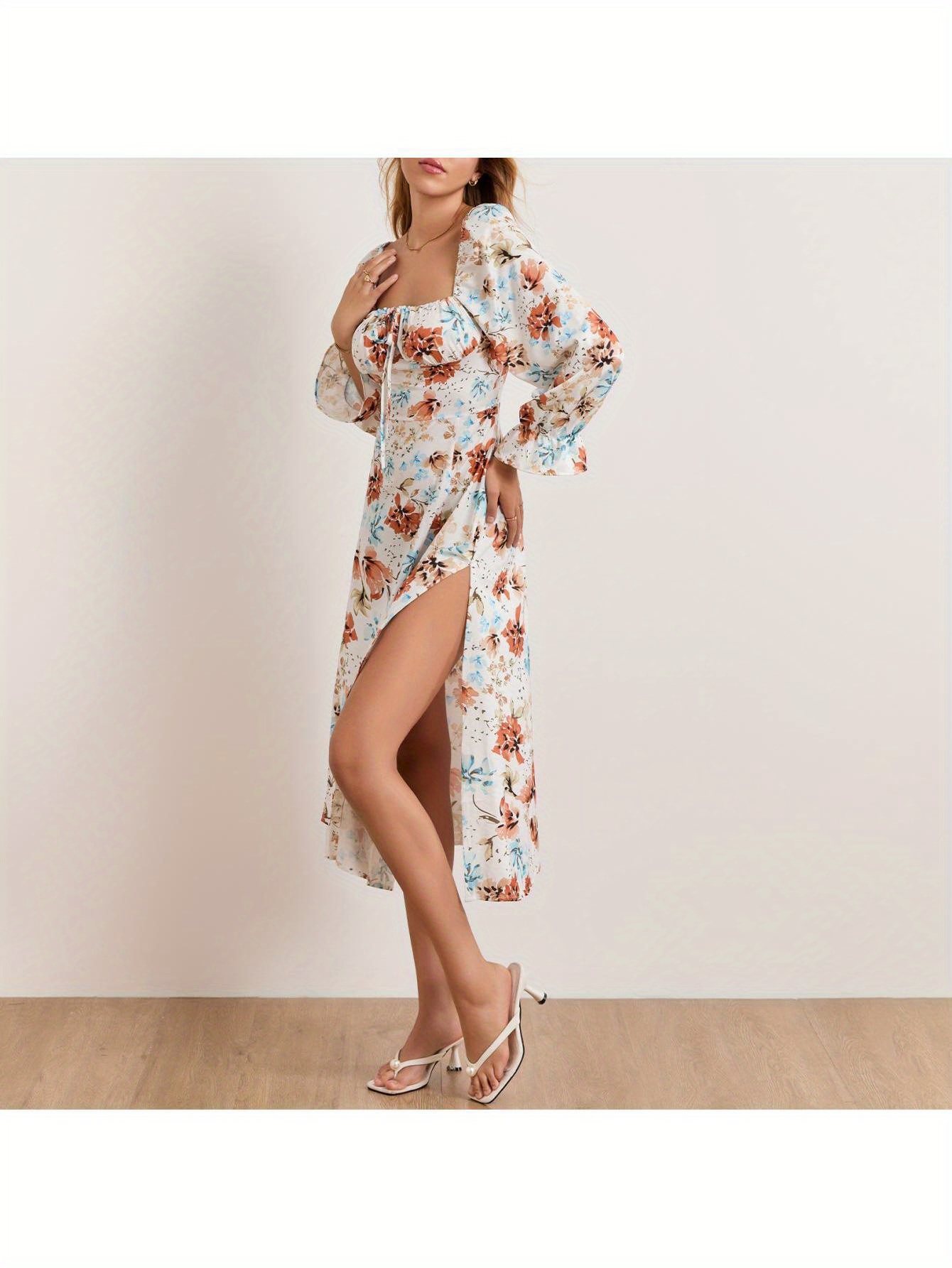 women long dress long sleeve square neck tie up floral dress   dress fall swing dress details 12