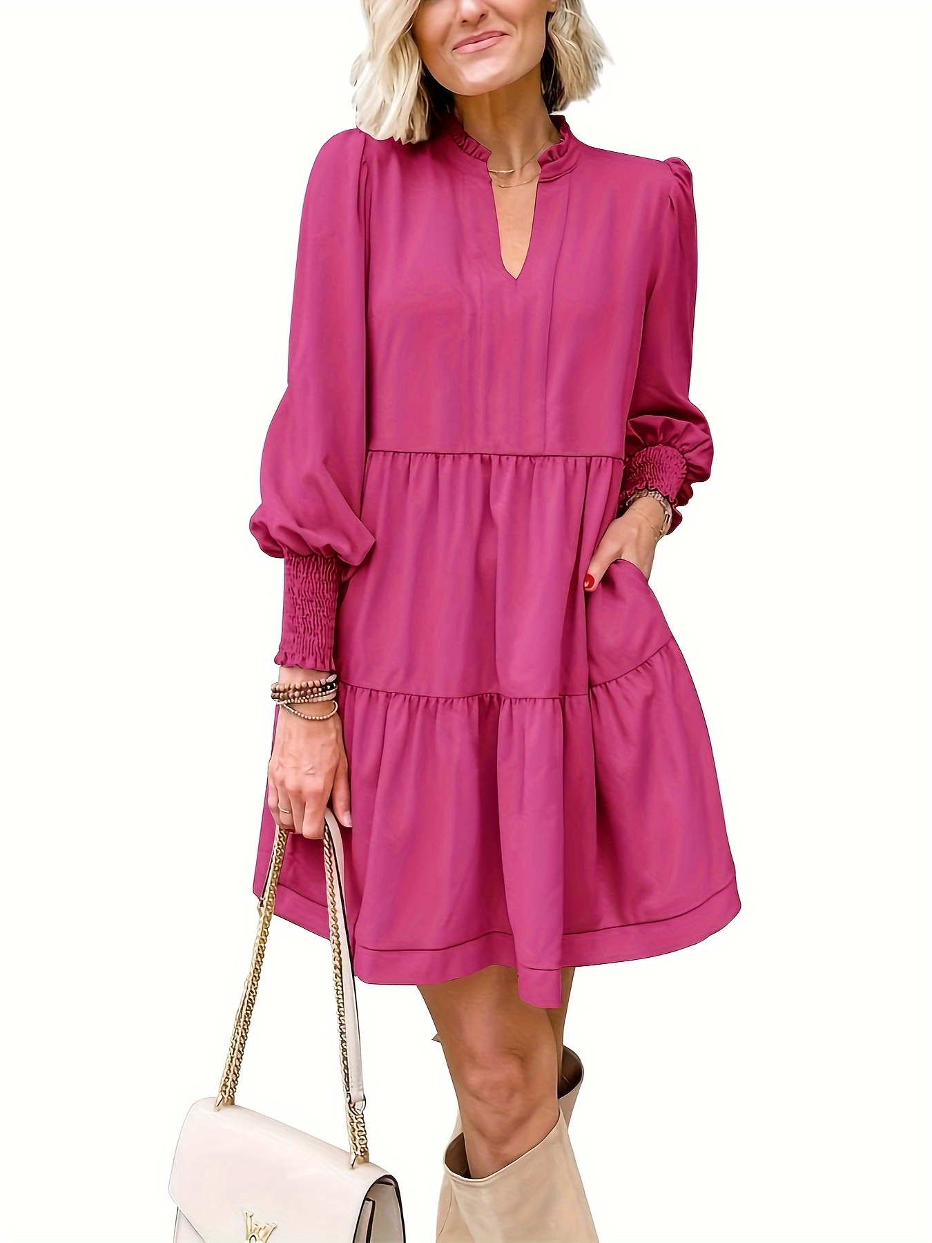 womens fall long sleeve tunic dress casual v neck loose ruffle tiered dress details 2