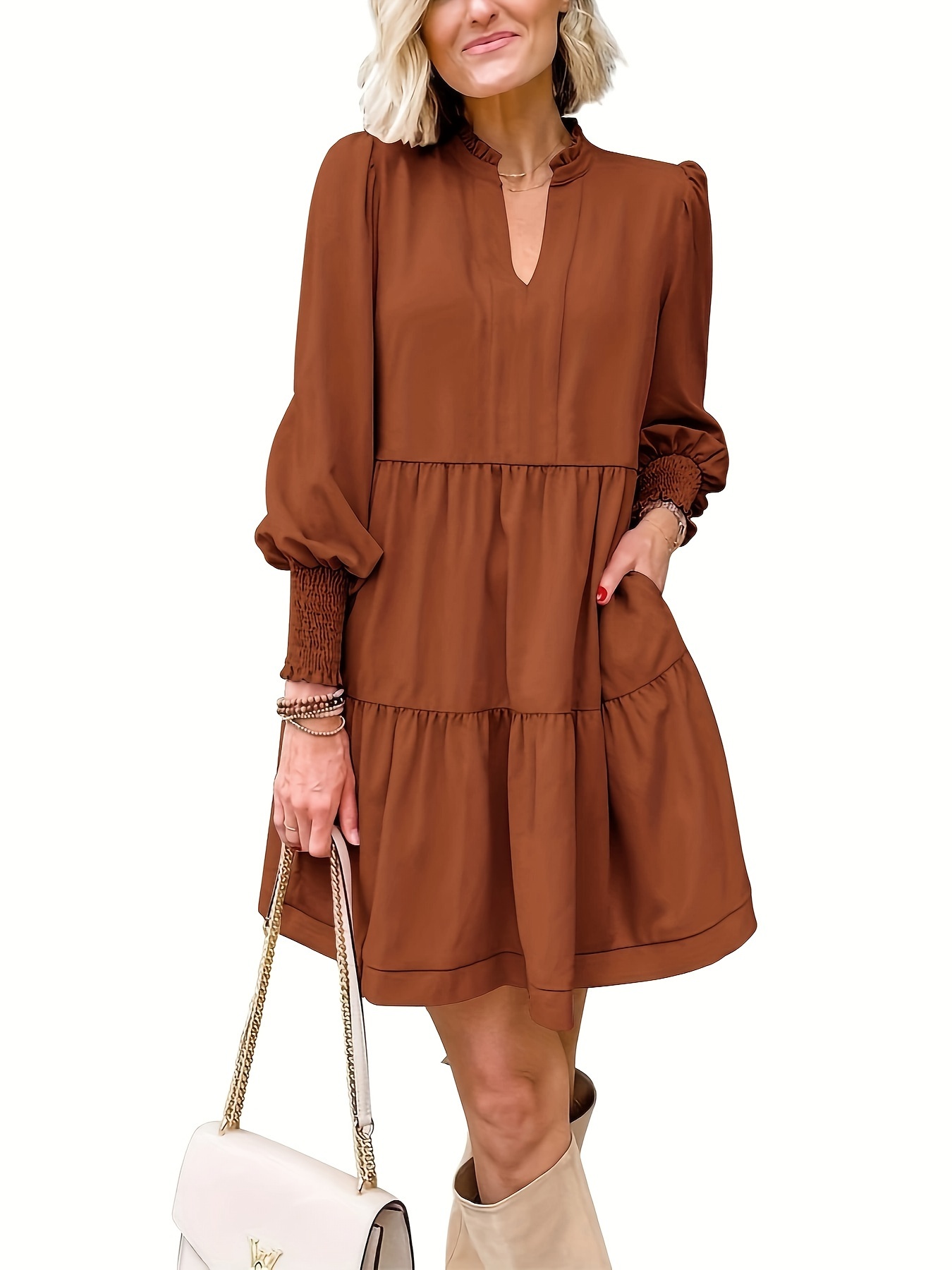 womens fall long sleeve tunic dress casual v neck loose ruffle tiered dress details 5