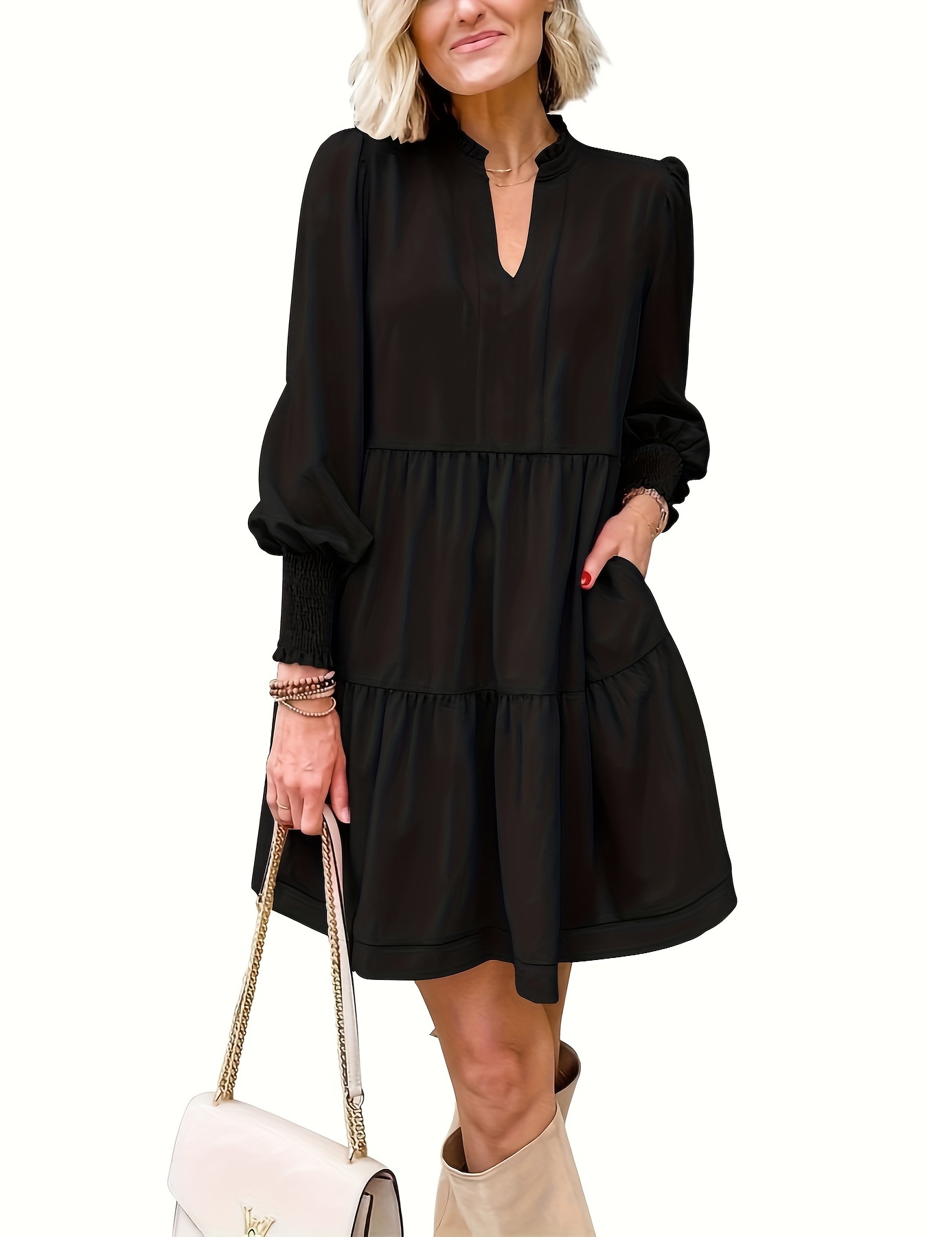 womens fall long sleeve tunic dress casual v neck loose ruffle tiered dress details 6