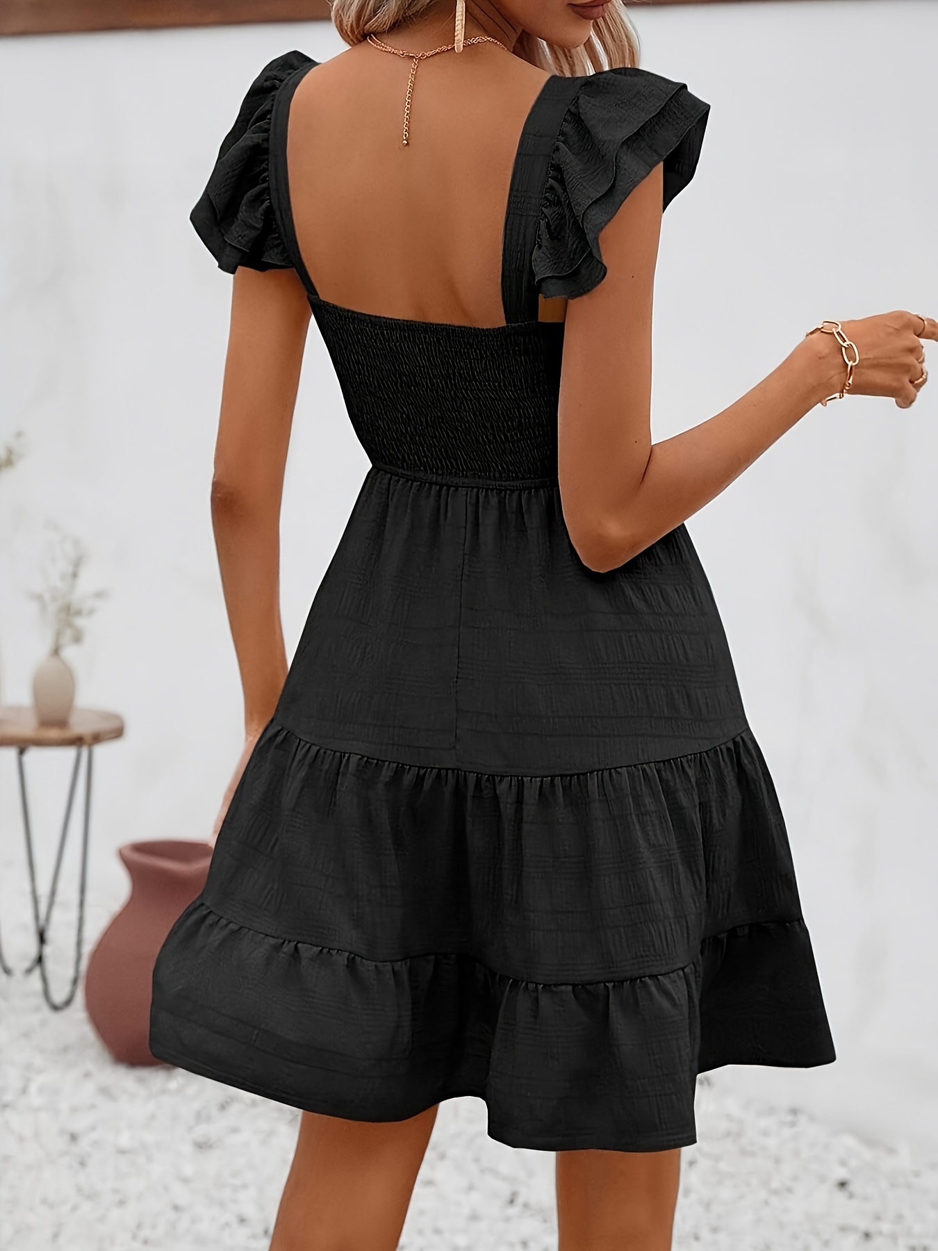 womens 2024 casual summer ruffle dresses square neck smocked elastic waist a line layered swing flowy mini dress details 4