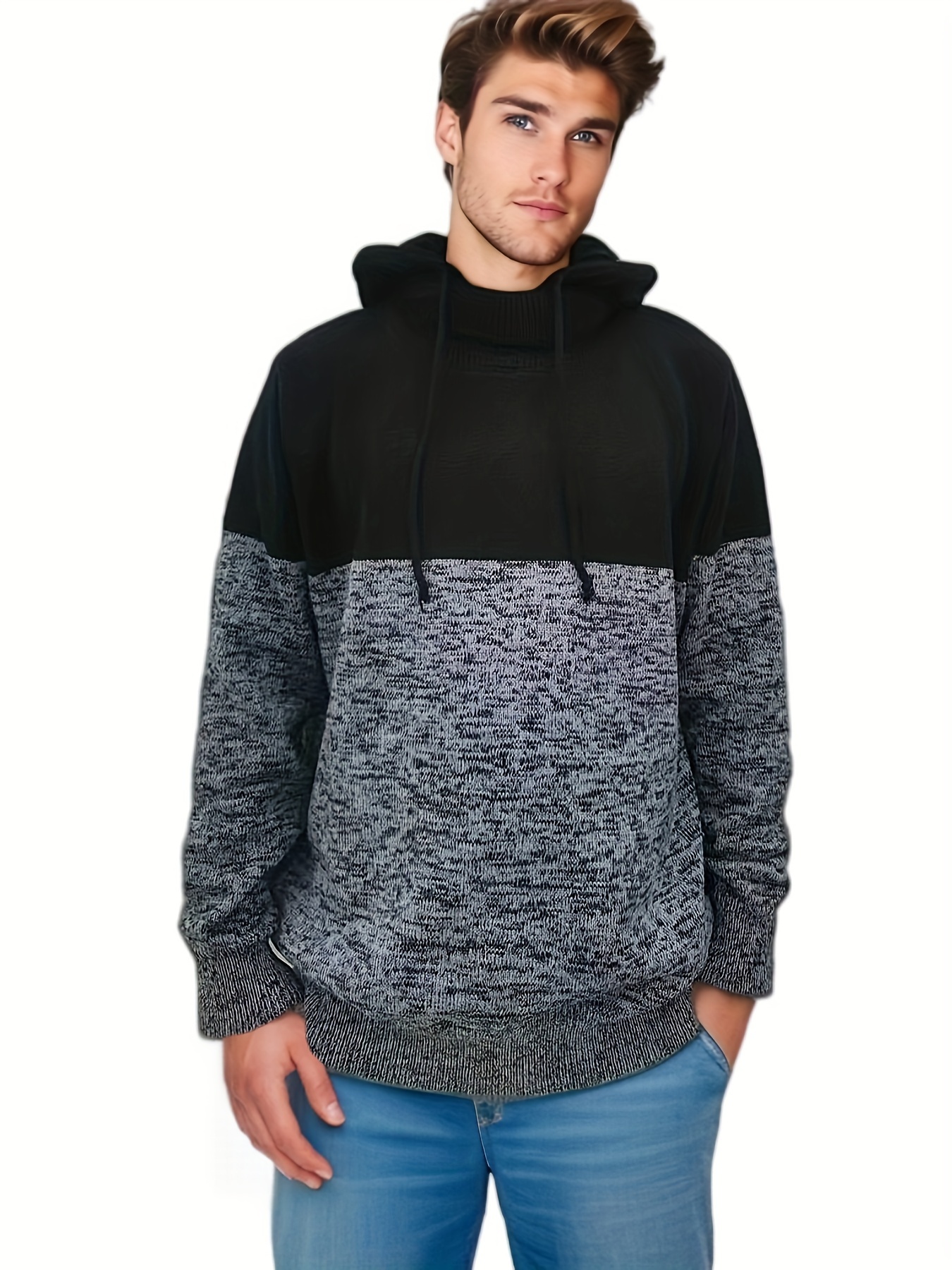 plus size mens casual   knit hoodies fashion casual contrast color hooded sweater for spring fall winter mens clothing details 1