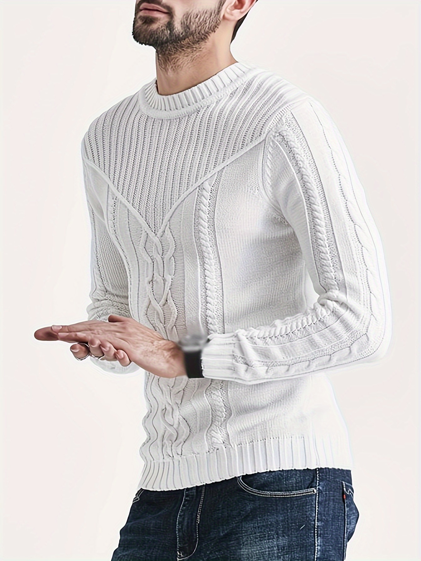 plus size mens cable knit sweater fashion casual crew neck pullover for fall winter mens clothing details 3