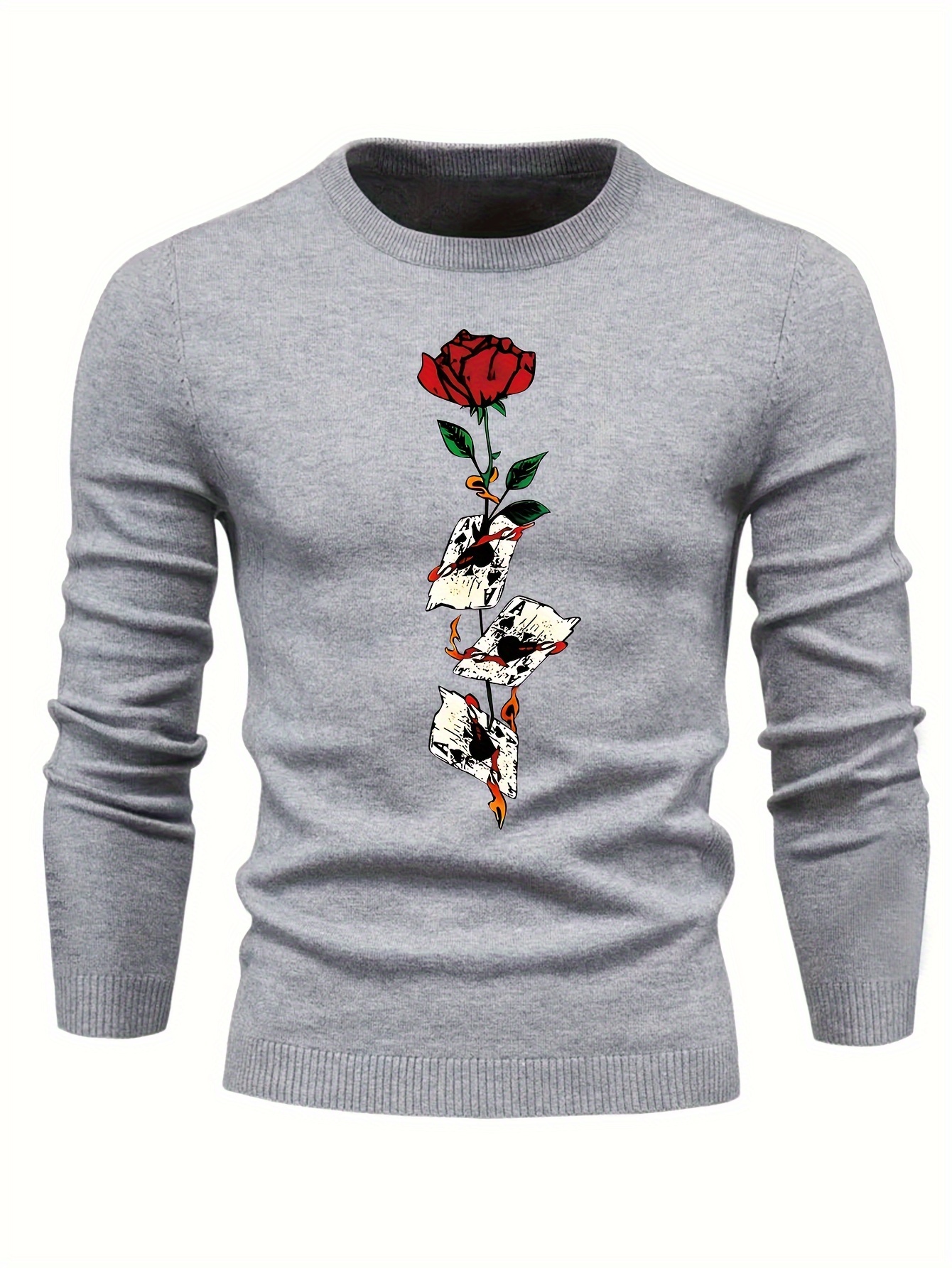 anime poker cards and rose graphic print mens long sleeve sweater casual warm flex crew neck pullover for men for fall and winter details 0