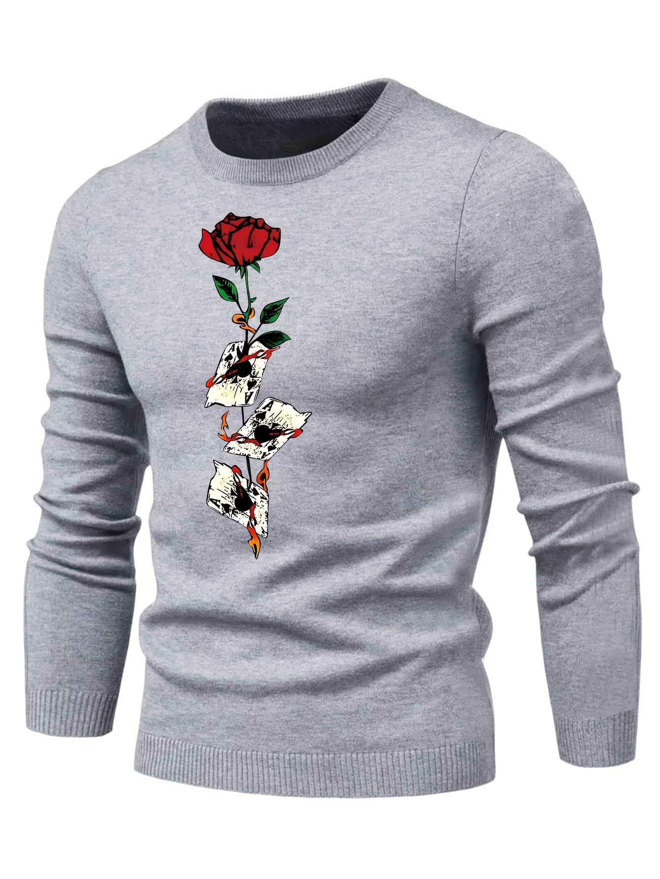 anime poker cards and rose graphic print mens long sleeve sweater casual warm flex crew neck pullover for men for fall and winter details 2