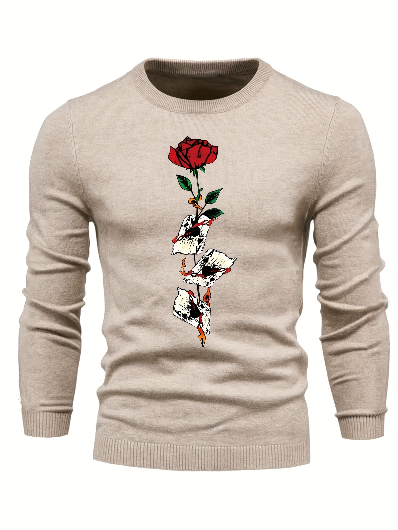 anime poker cards and rose graphic print mens long sleeve sweater casual warm flex crew neck pullover for men for fall and winter details 5