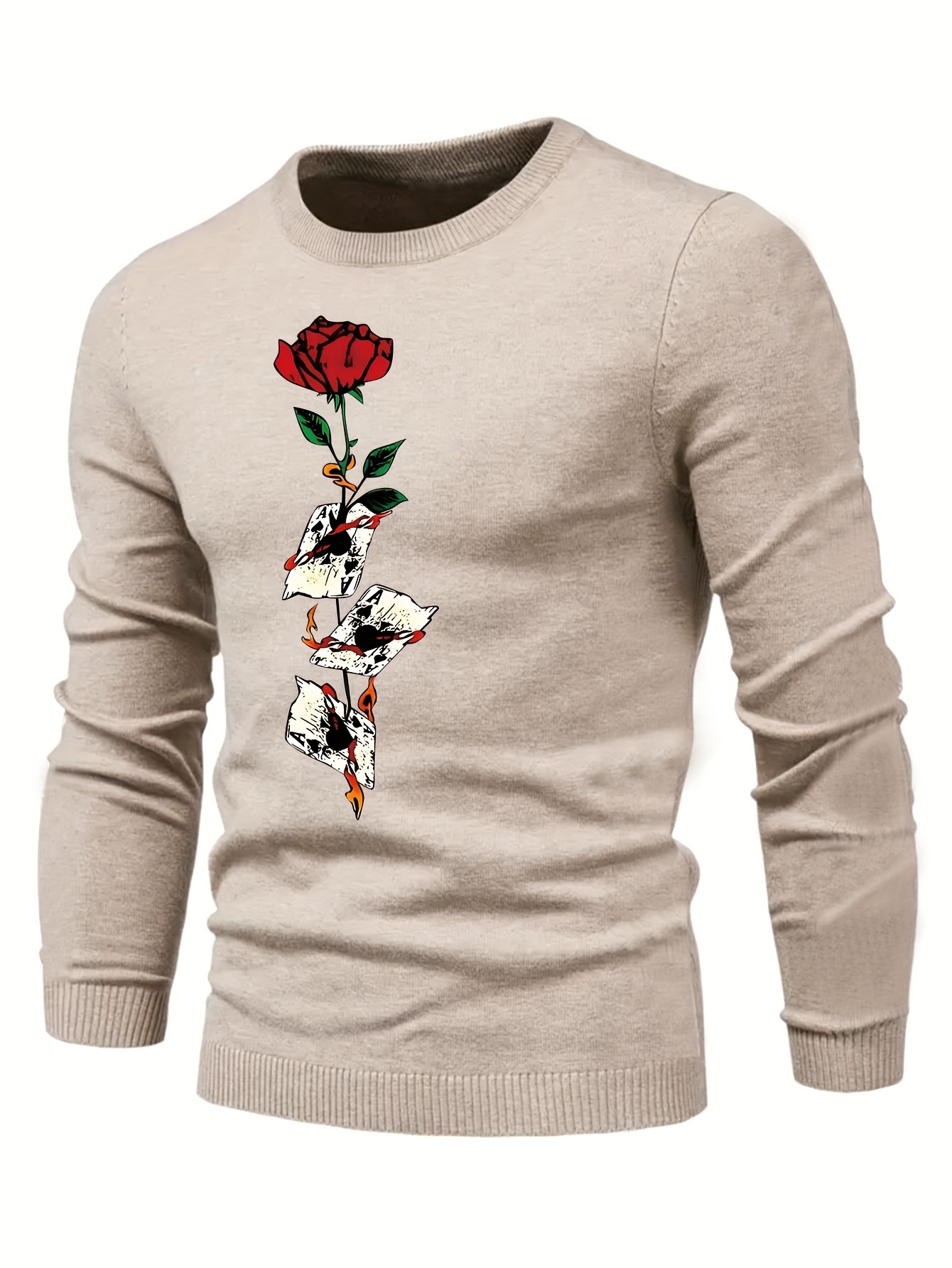 anime poker cards and rose graphic print mens long sleeve sweater casual warm flex crew neck pullover for men for fall and winter details 7