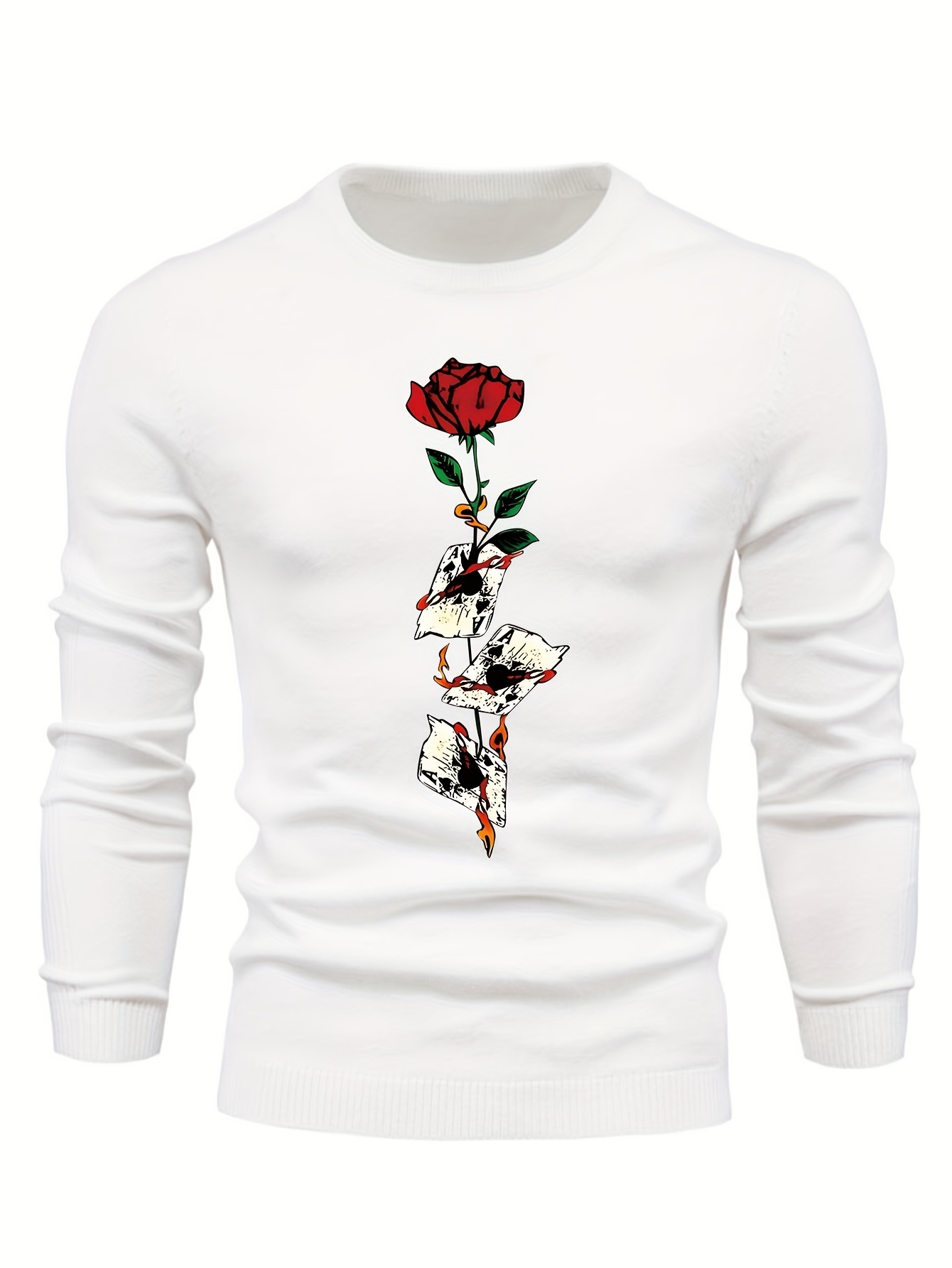 anime poker cards and rose graphic print mens long sleeve sweater casual warm flex crew neck pullover for men for fall and winter details 10