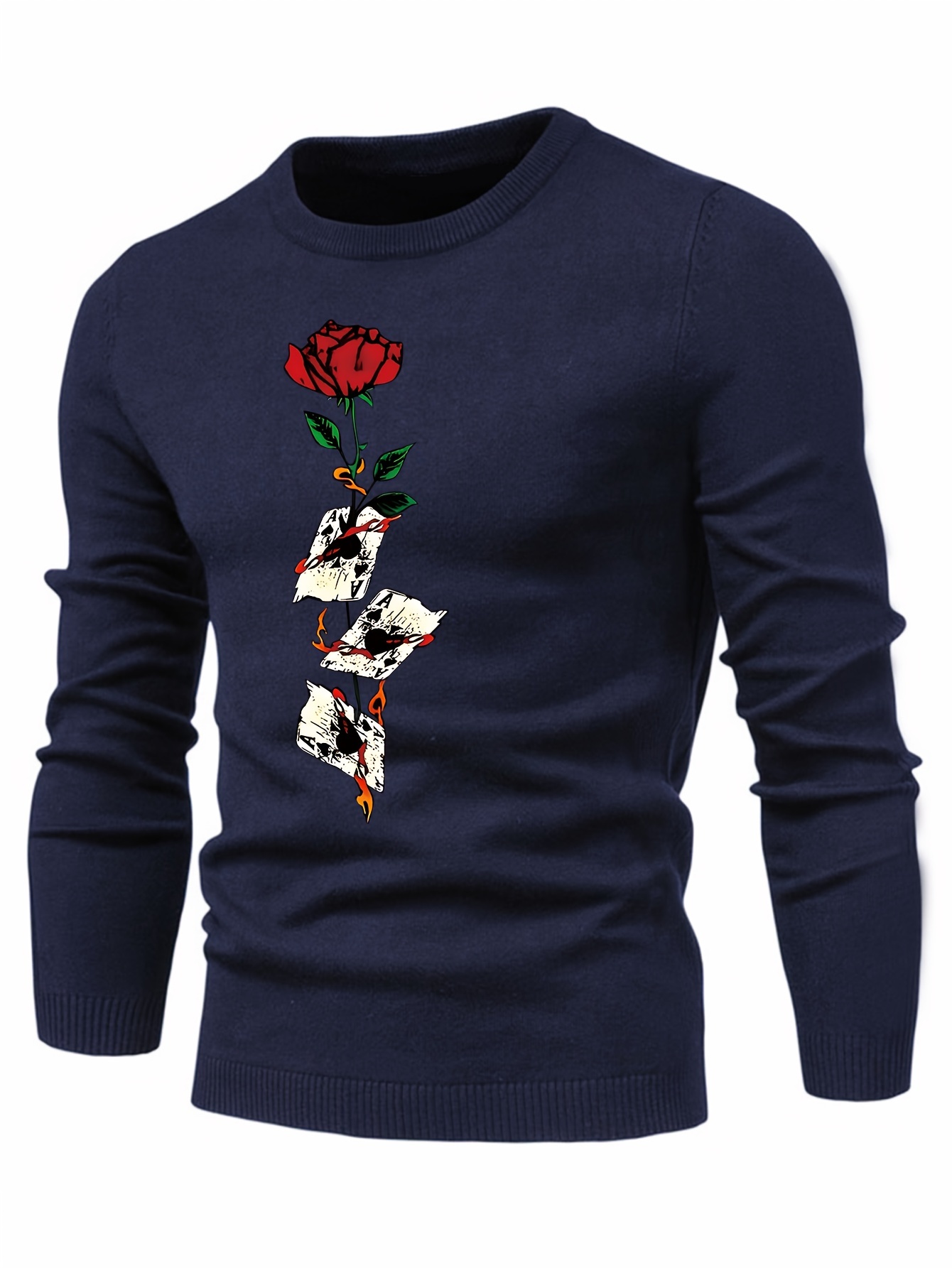 anime poker cards and rose graphic print mens long sleeve sweater casual warm flex crew neck pullover for men for fall and winter details 17