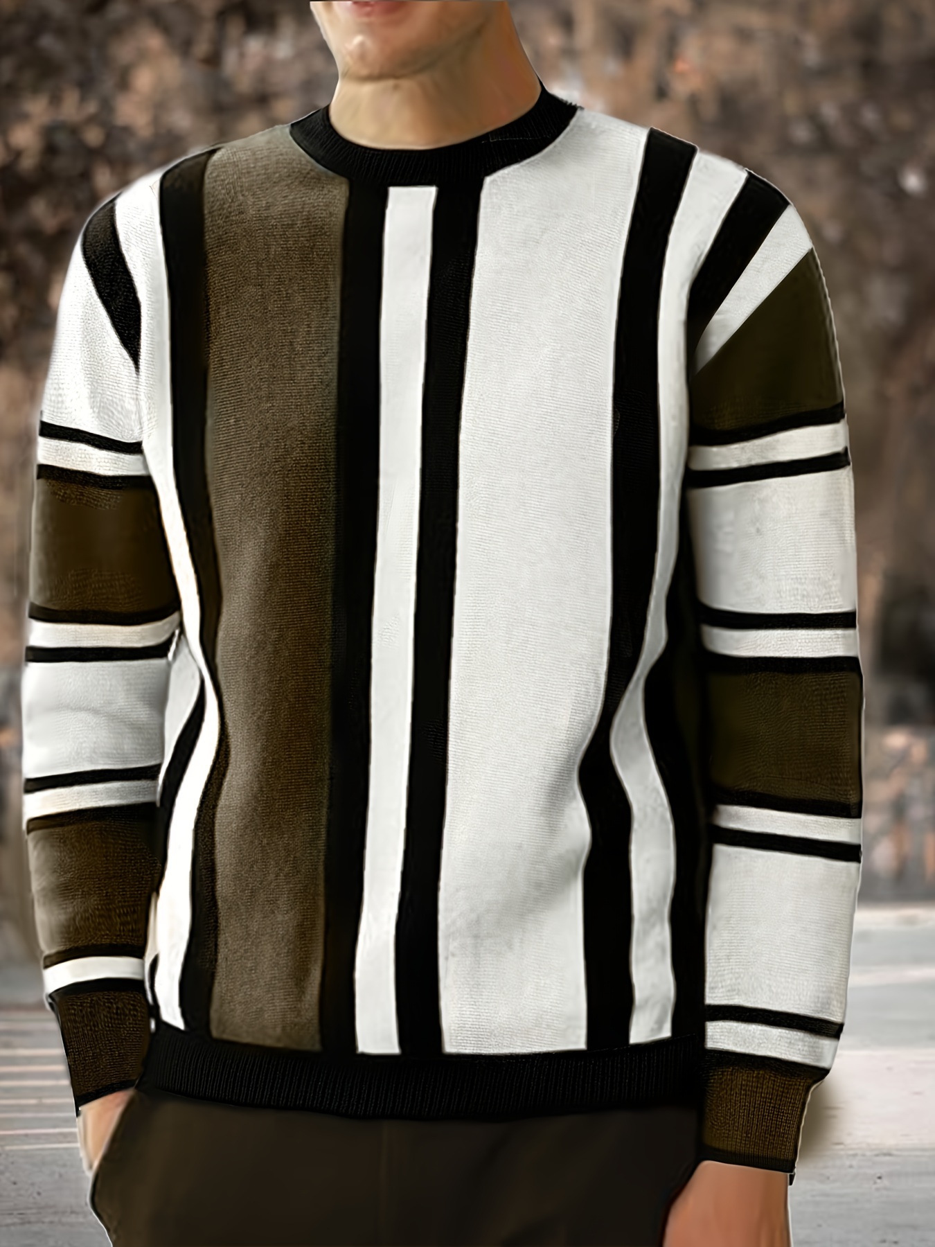 plus size mens contrast color stripes print sweater crew neck knit pullover for spring fall winter details 4