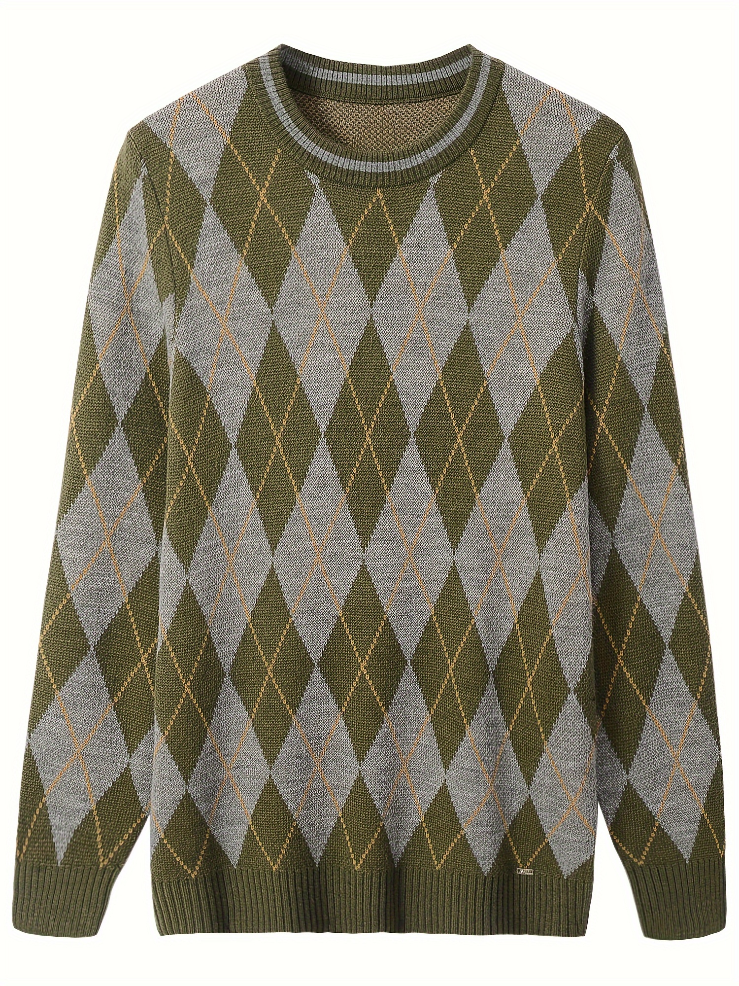 mens vintage diamond plaid sweater long sleeve round neck pullover knit pullover details 0