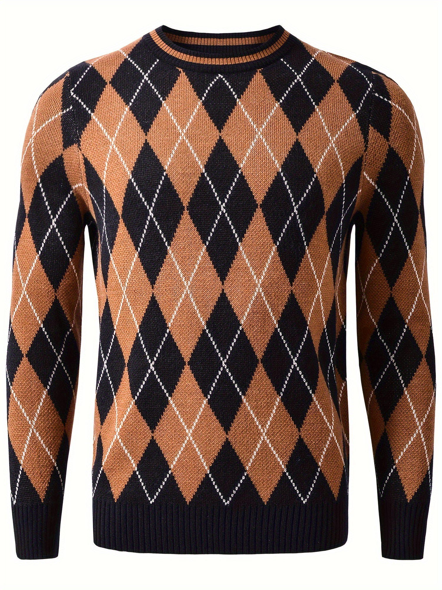 mens vintage diamond plaid sweater long sleeve round neck pullover knit pullover details 5