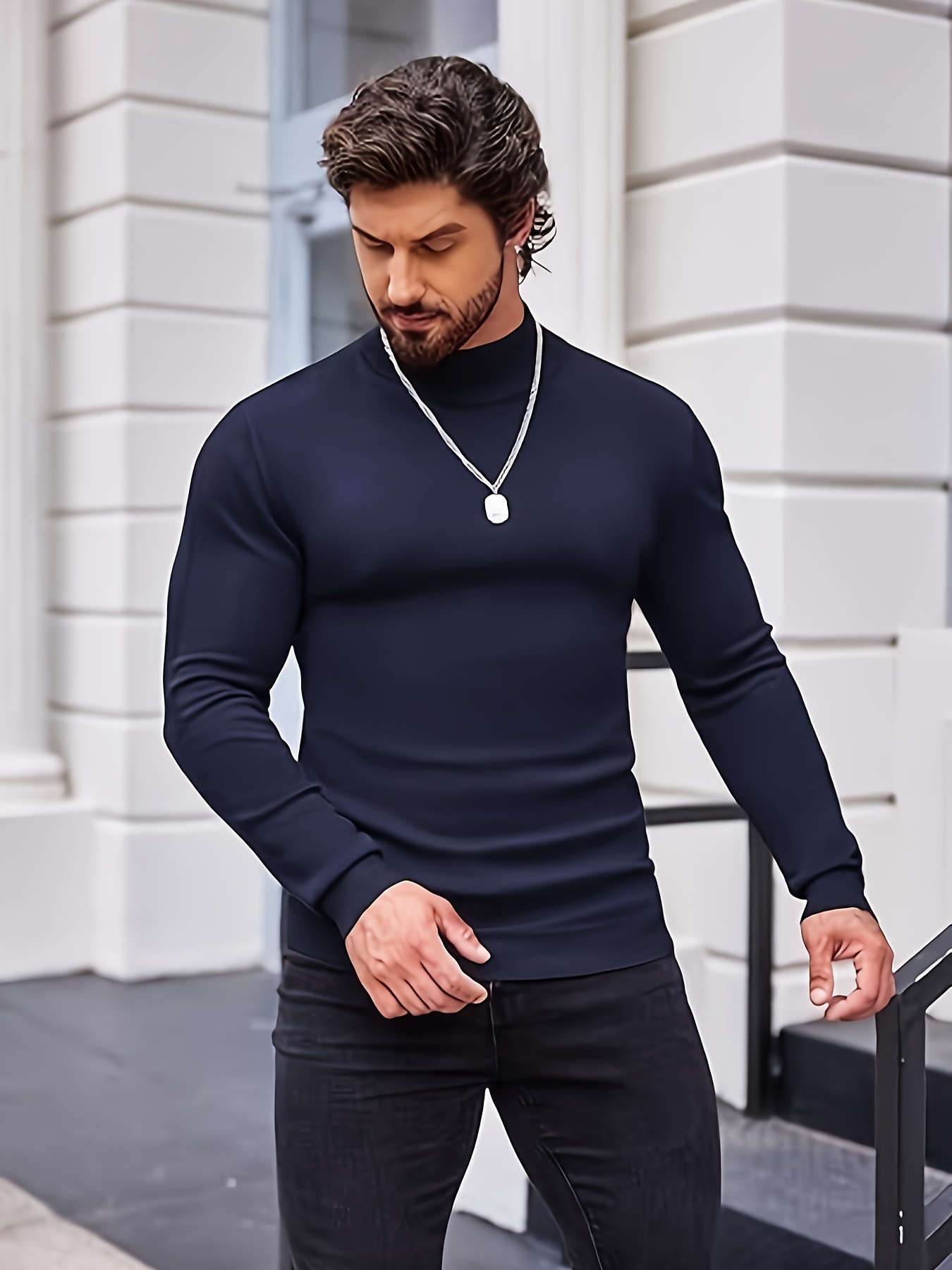 solid color plus size mens casual turtleneck sweater bottoming wear for spring autumn winter details 4