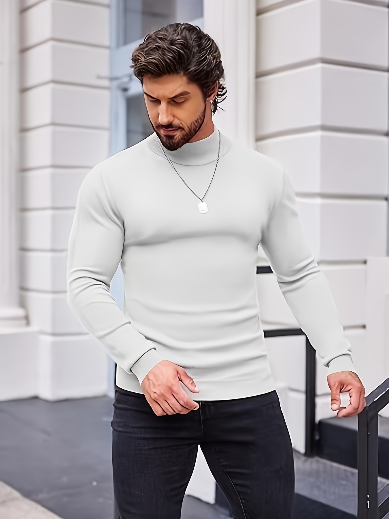 solid color plus size mens casual turtleneck sweater bottoming wear for spring autumn winter details 5