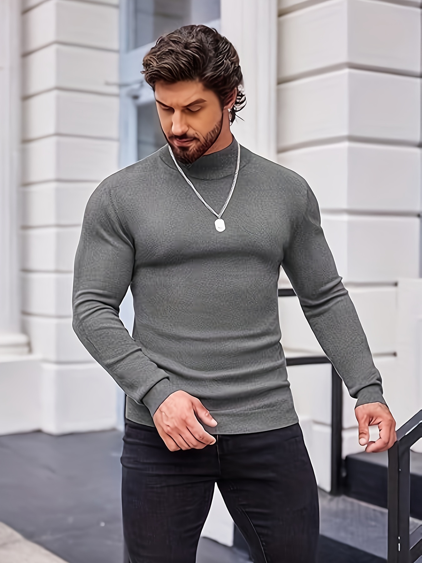 solid color plus size mens casual turtleneck sweater bottoming wear for spring autumn winter details 14