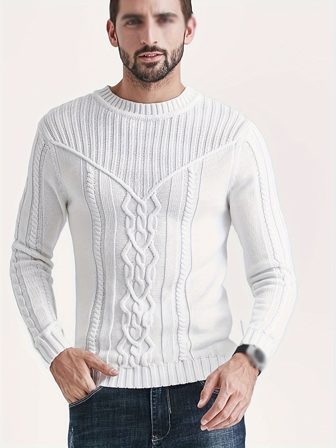 plus size mens cable knit sweater fashion casual crew neck pullover for fall winter mens clothing details 0