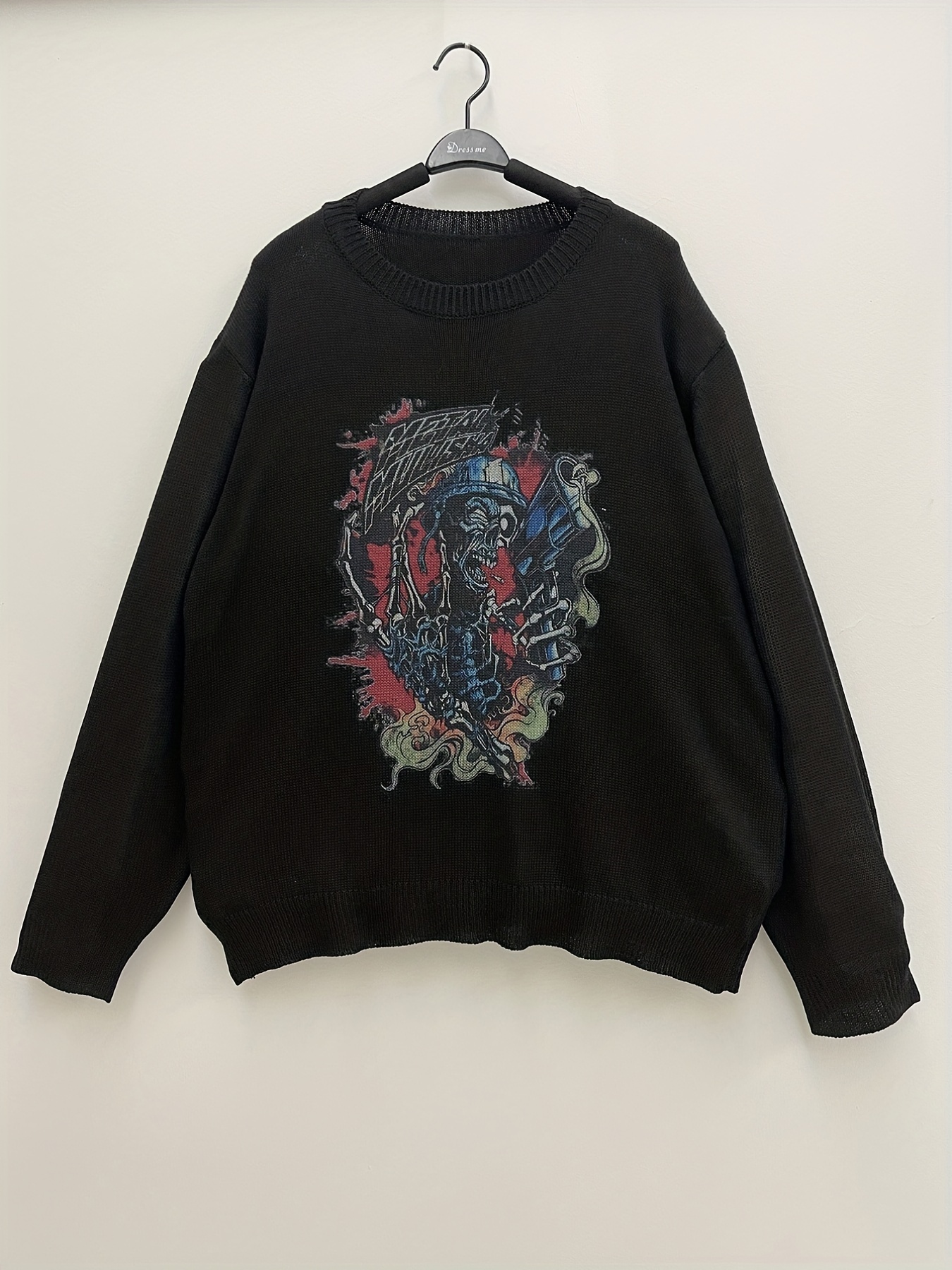 plus size mens 3d gothic skull graphic print sweater for spring autumn mens casual knit pullover sweater for halloween details 36