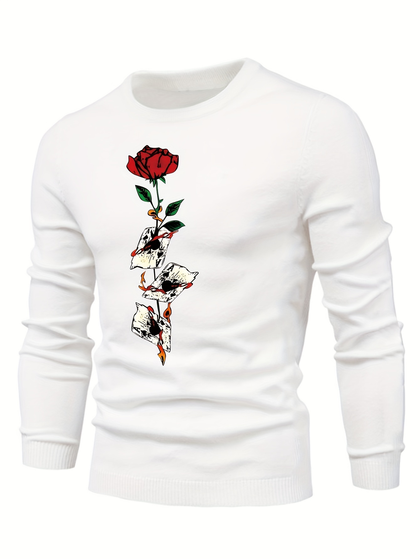 anime poker cards and rose graphic print mens long sleeve sweater casual warm flex crew neck pullover for men for fall and winter details 12