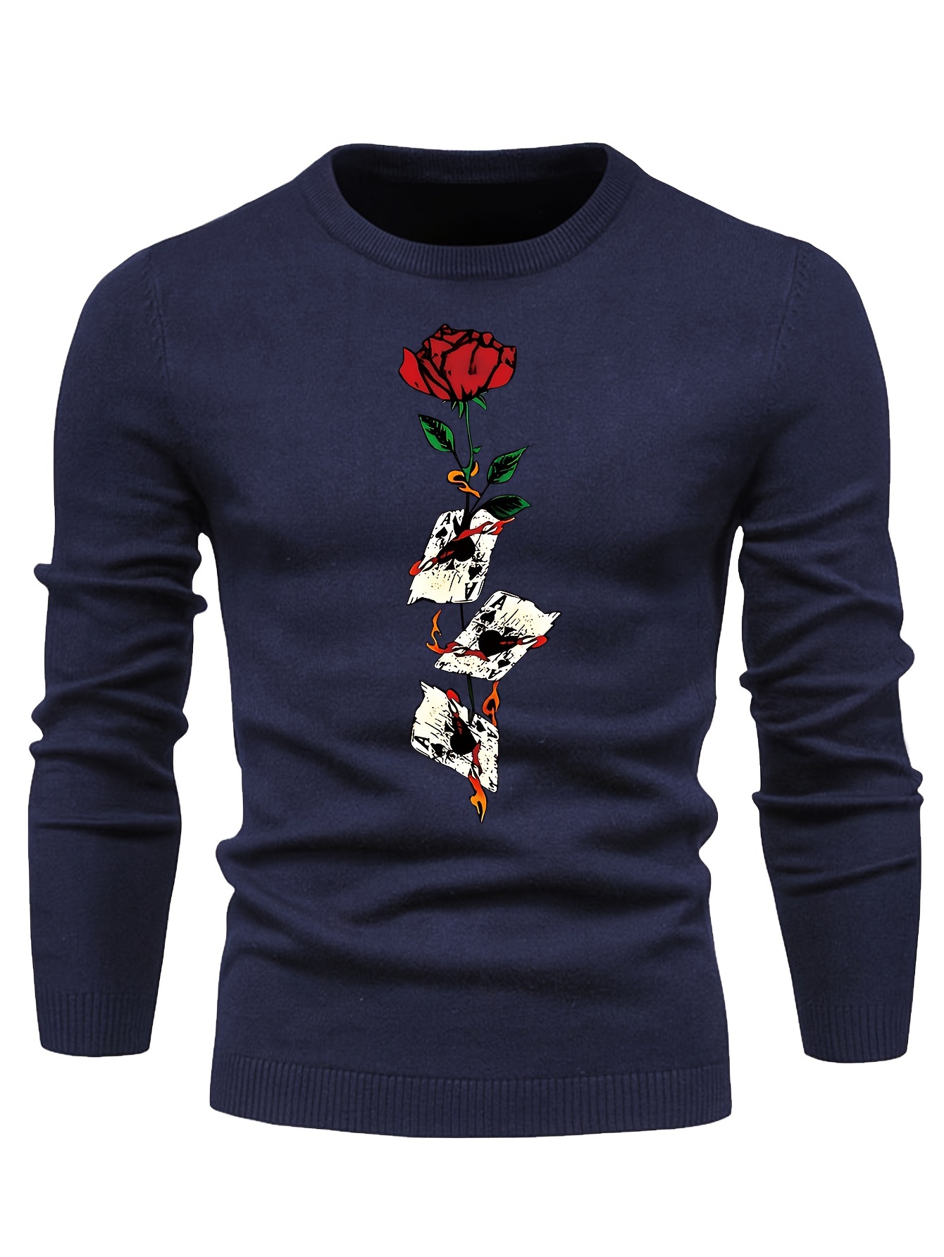 anime poker cards and rose graphic print mens long sleeve sweater casual warm flex crew neck pullover for men for fall and winter details 15